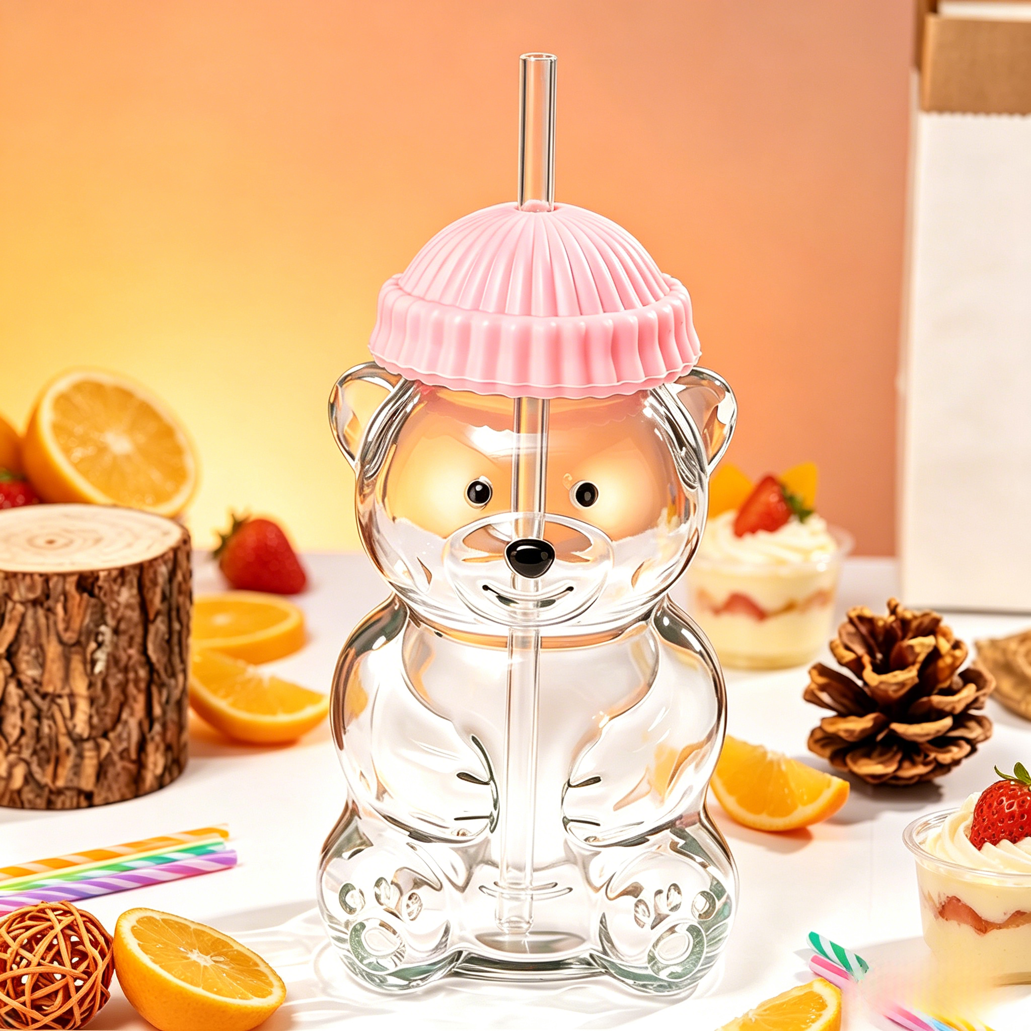 Bear Glass Cup、Glass Tumbler with Lid and Straw,600ml Cute Bear Glass Cup With Lid & Straw, Cartoon Drinking Mug for Juice Milk Coffee, Perfect Gift for Kids & Adults