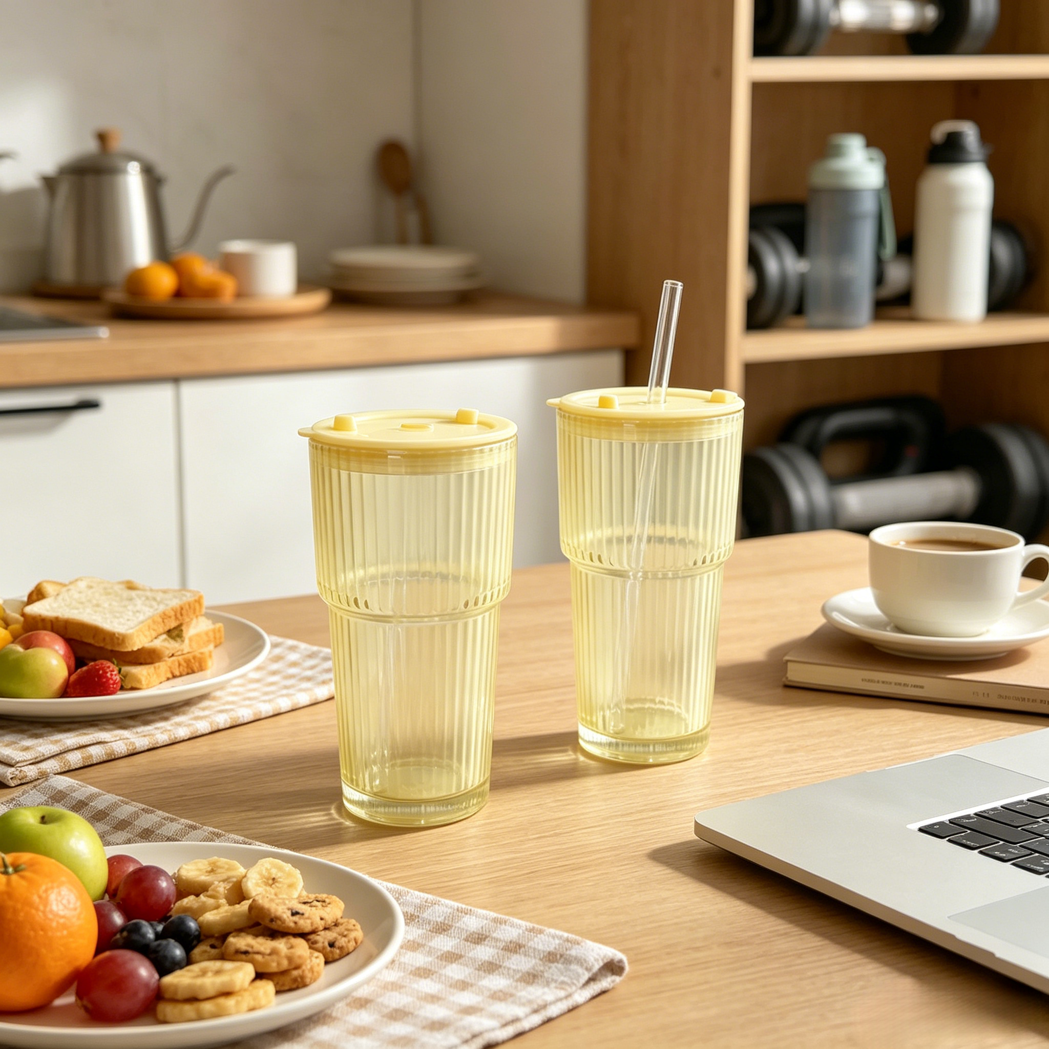 450ml Vertical Striped Glass Cup With Straw & Leak Proof Lid, Reusable Drinking Glass Mug for Home Office Daily Use