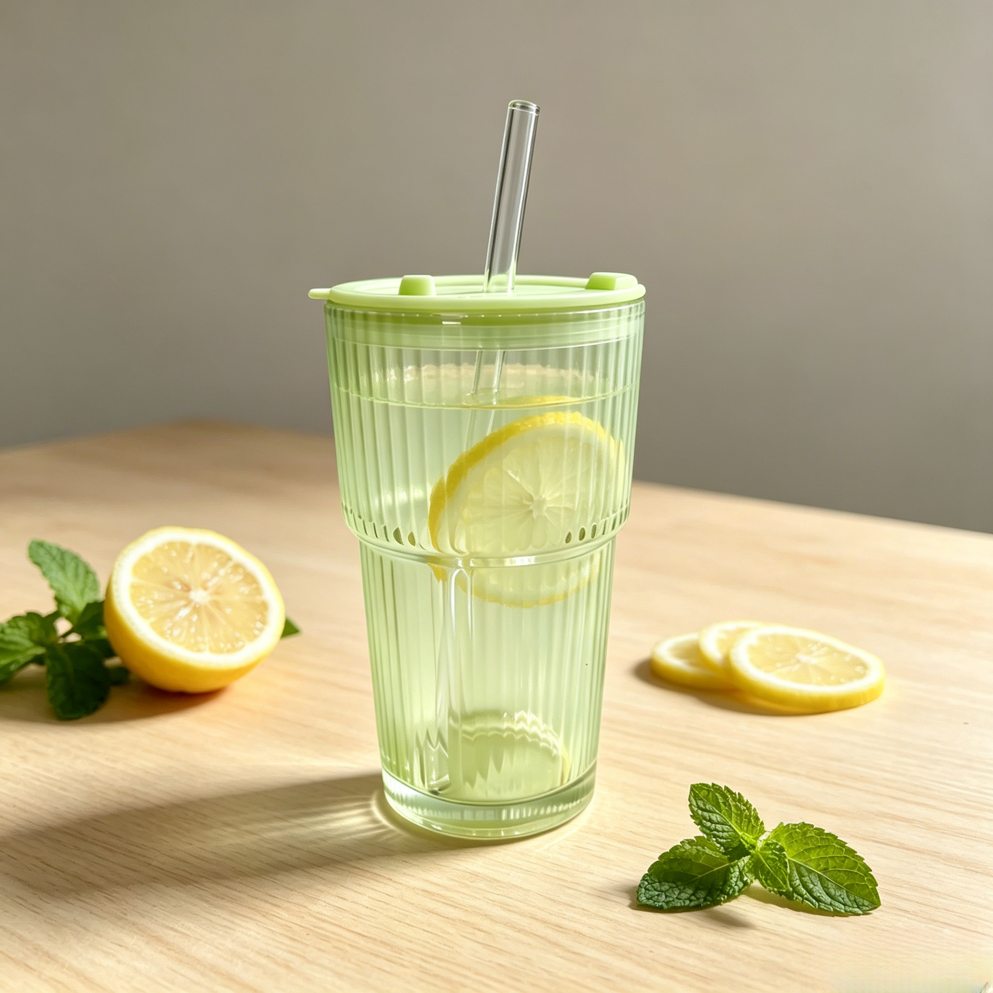 450ml Vertical Striped Glass Cup With Straw & Leak Proof Lid, Reusable Drinking Glass Mug for Home Office Daily Use