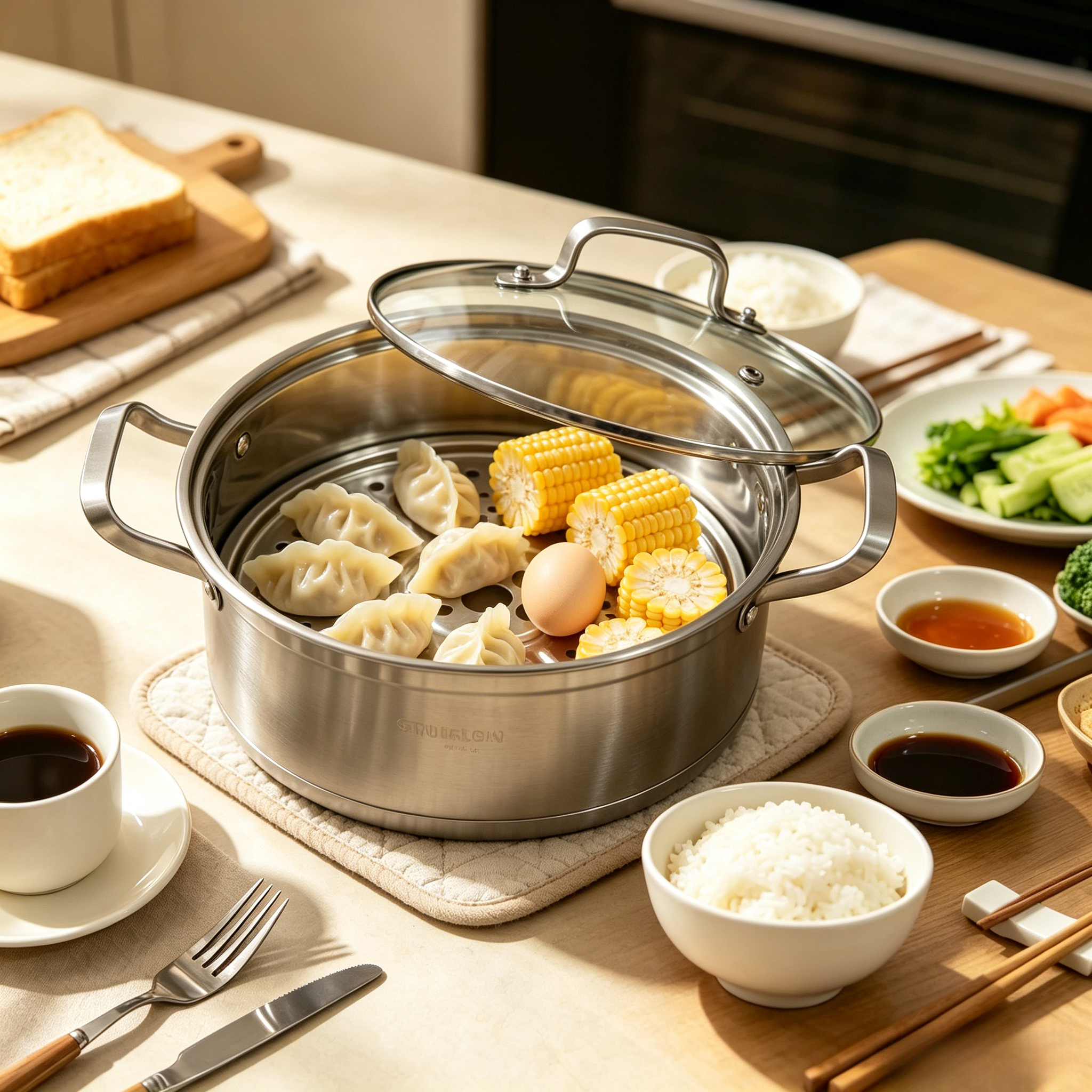 Stainless Steel 2 In 1 Cooking Steamer Pot Large Capacity Multi Purpose Kitchen Boiler Durable Dual Handle Cookware For Gas Stove Home Cooking Stew Boil Steam Food(with lid and steaming rack)