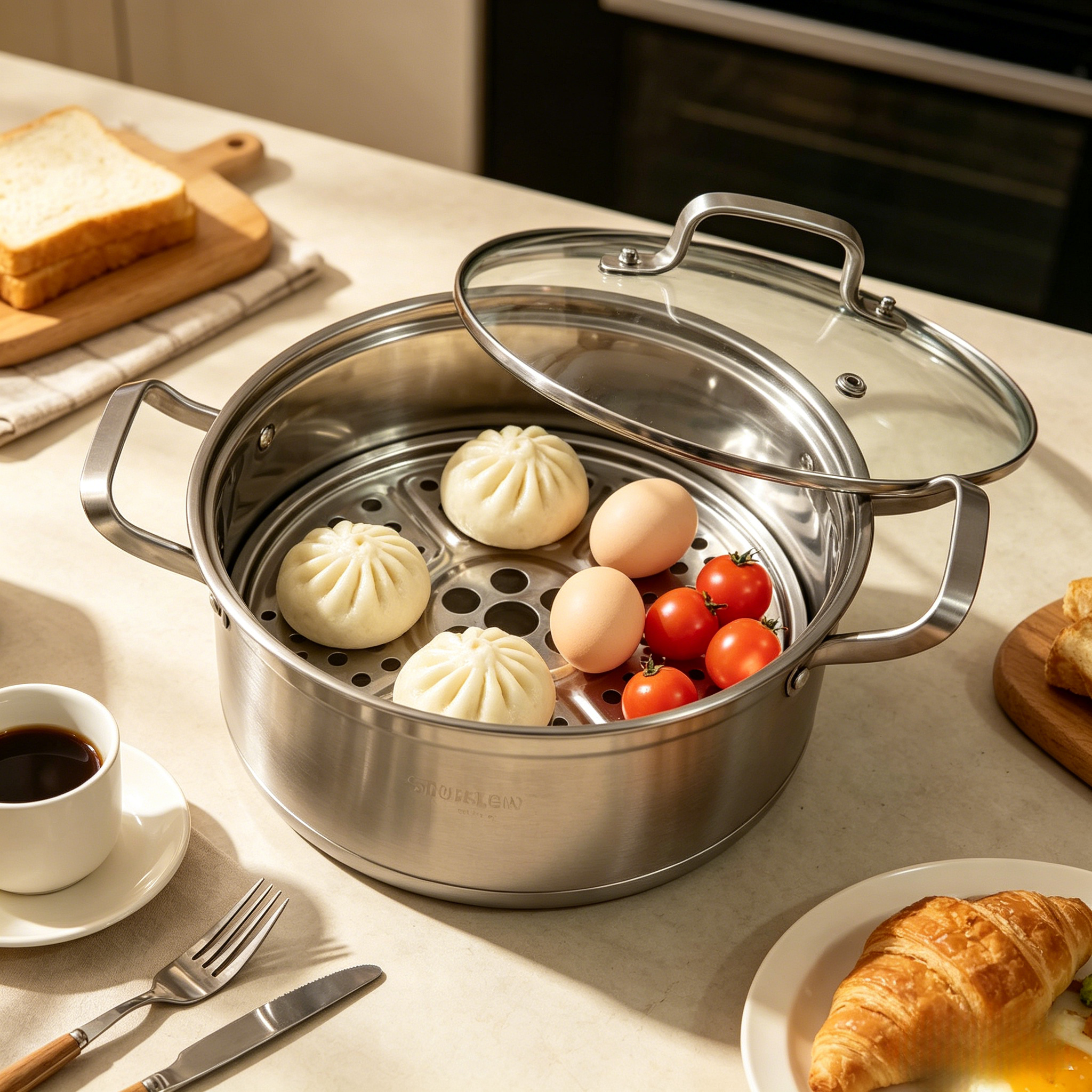 Stainless Steel 2 In 1 Cooking Steamer Pot Large Capacity Multi Purpose Kitchen Boiler Durable Dual Handle Cookware For Gas Stove Home Cooking Stew Boil Steam Food(with lid and steaming rack)