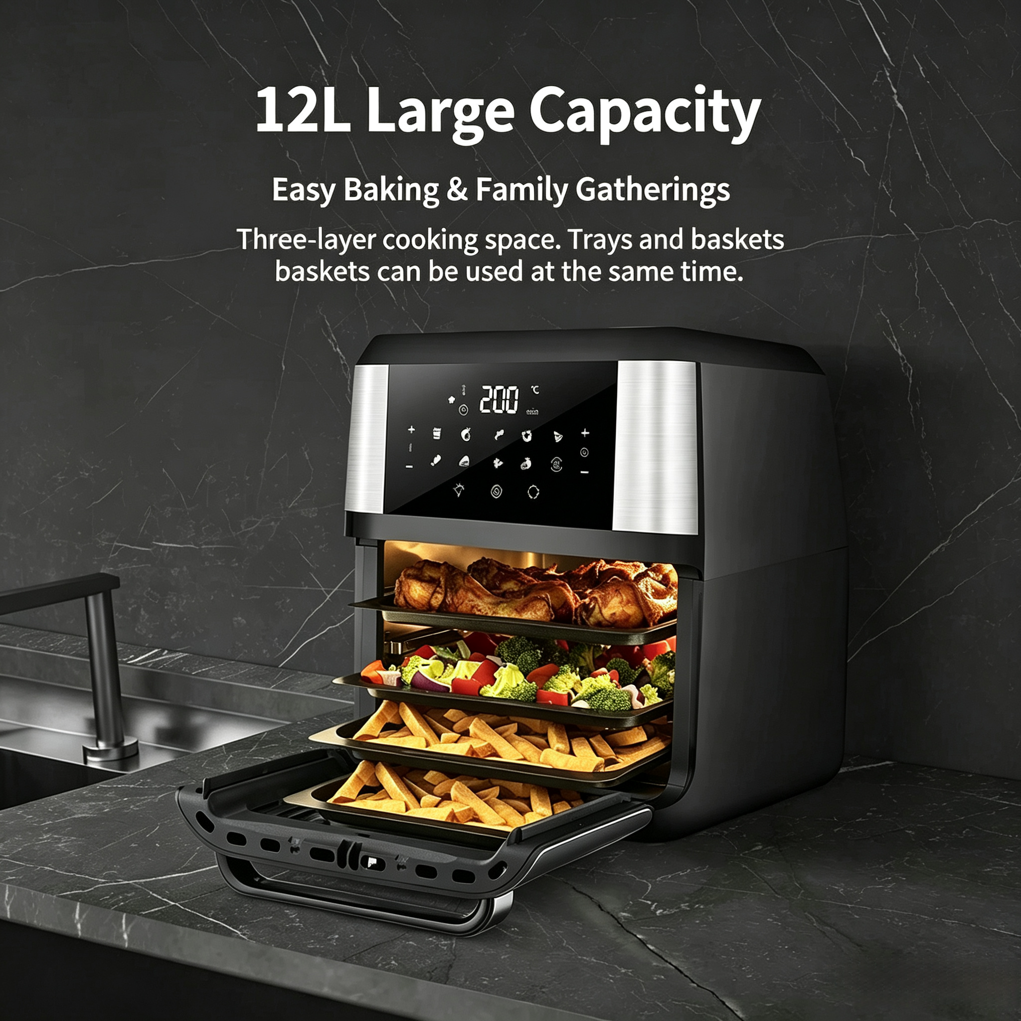 12L Air Fryer Oven, 1800W Large Capacity Oil-Less Healthy Cooker, 360° Hot Air Circulation, Timer & Temperature Control, Ideal for Home Kitchen, Chips, Chicken, Roasting & Baking