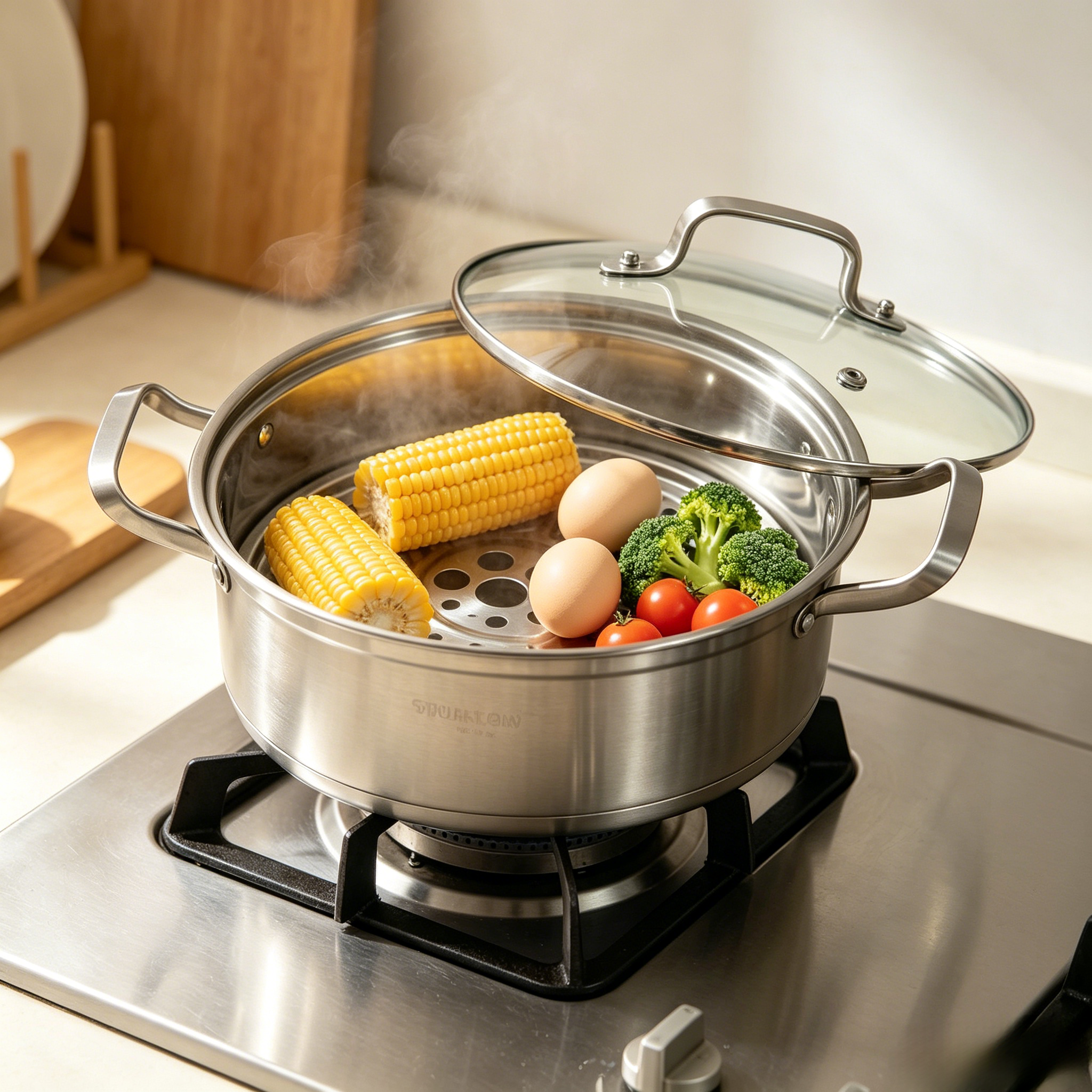 Stainless Steel 2 In 1 Cooking Steamer Pot Large Capacity Multi Purpose Kitchen Boiler Durable Dual Handle Cookware For Gas Stove Home Cooking Stew Boil Steam Food(with lid and steaming rack)