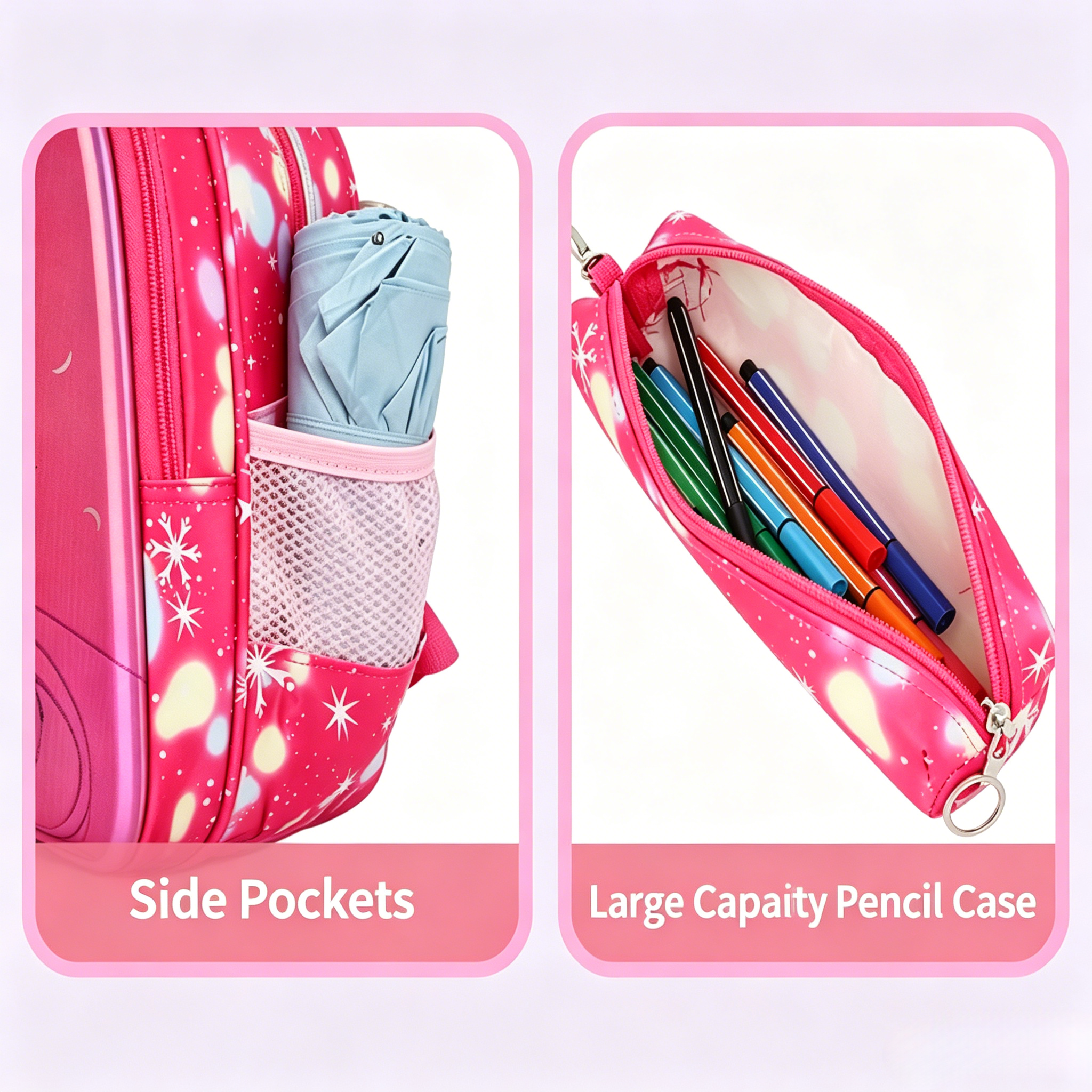 12 Inch Girls Primary School Backpack Cute Cartoon Princess Lightweight Kids School Bag Free Pencil Case, Breathable Padded Shoulder Straps, Double Side Water Bottle Pockets, Durable Oxford Schoo,Pink