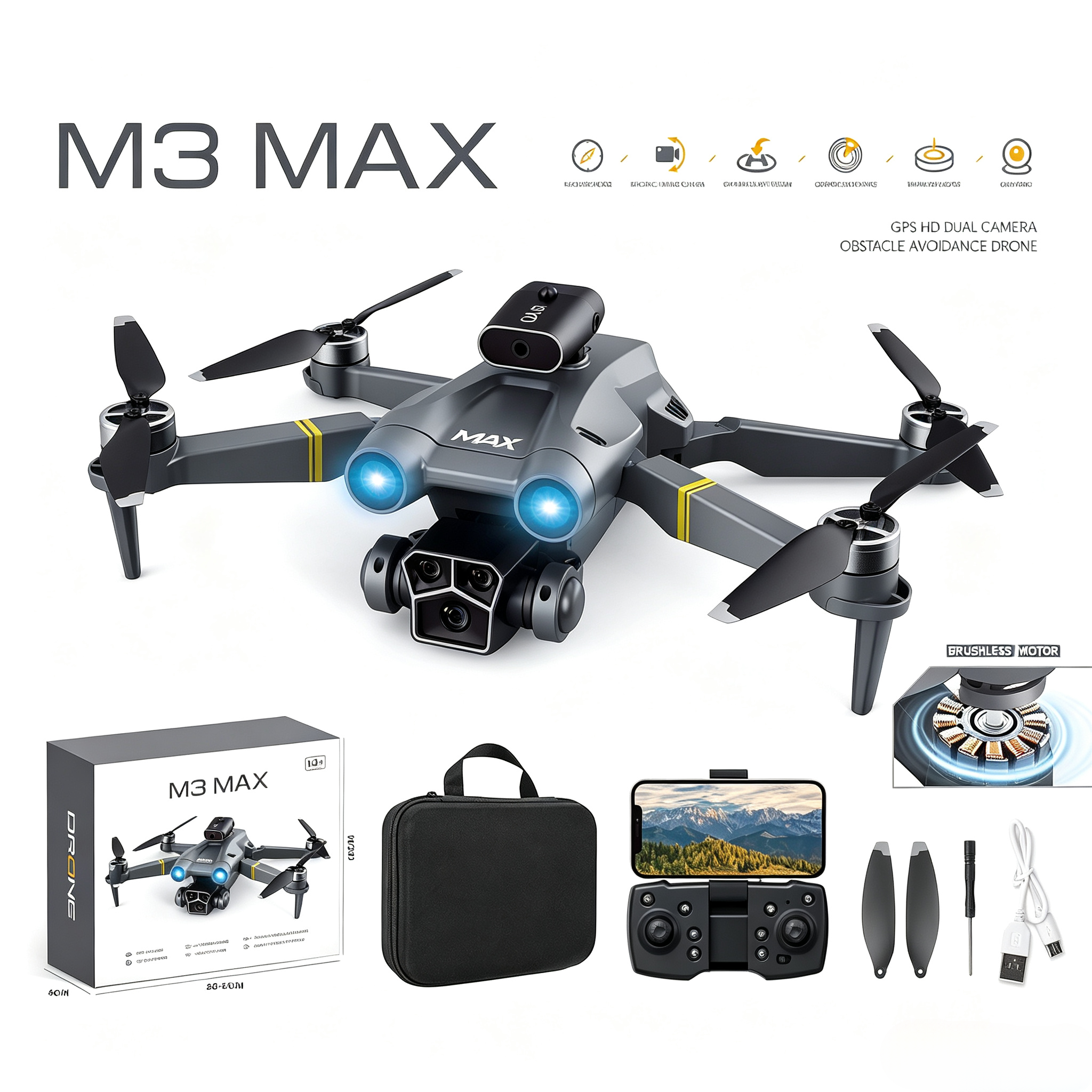 M3 MAX GPS Drone with Triple HD Camera, 360° Obstacle Avoidance Brushless Motor Foldable Quadcopter, Long Flight Distance RC Drone