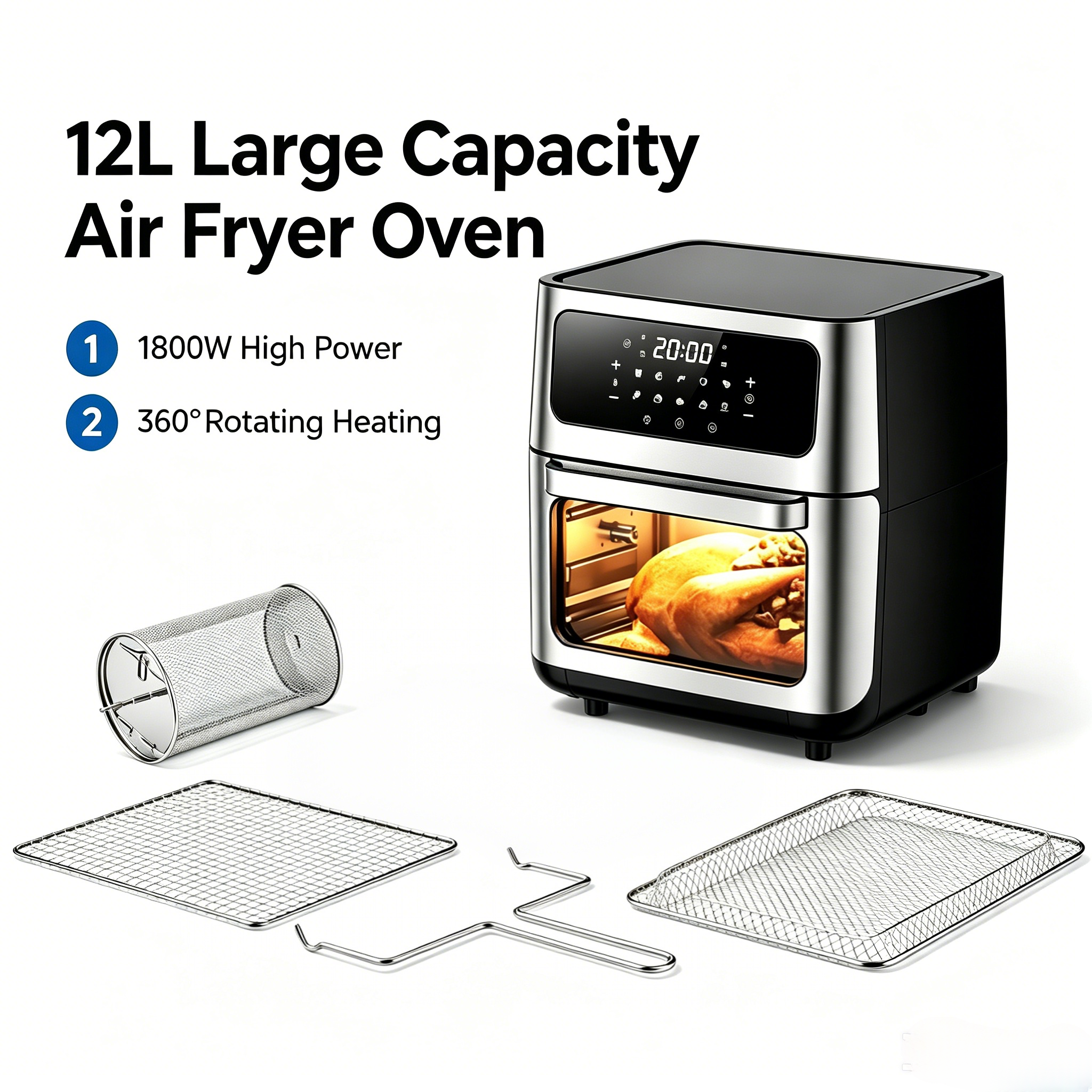 12L Air Fryer Oven, 1800W Large Capacity Oil-Less Healthy Cooker, 360° Hot Air Circulation, Timer & Temperature Control, Ideal for Home Kitchen, Chips, Chicken, Roasting & Baking