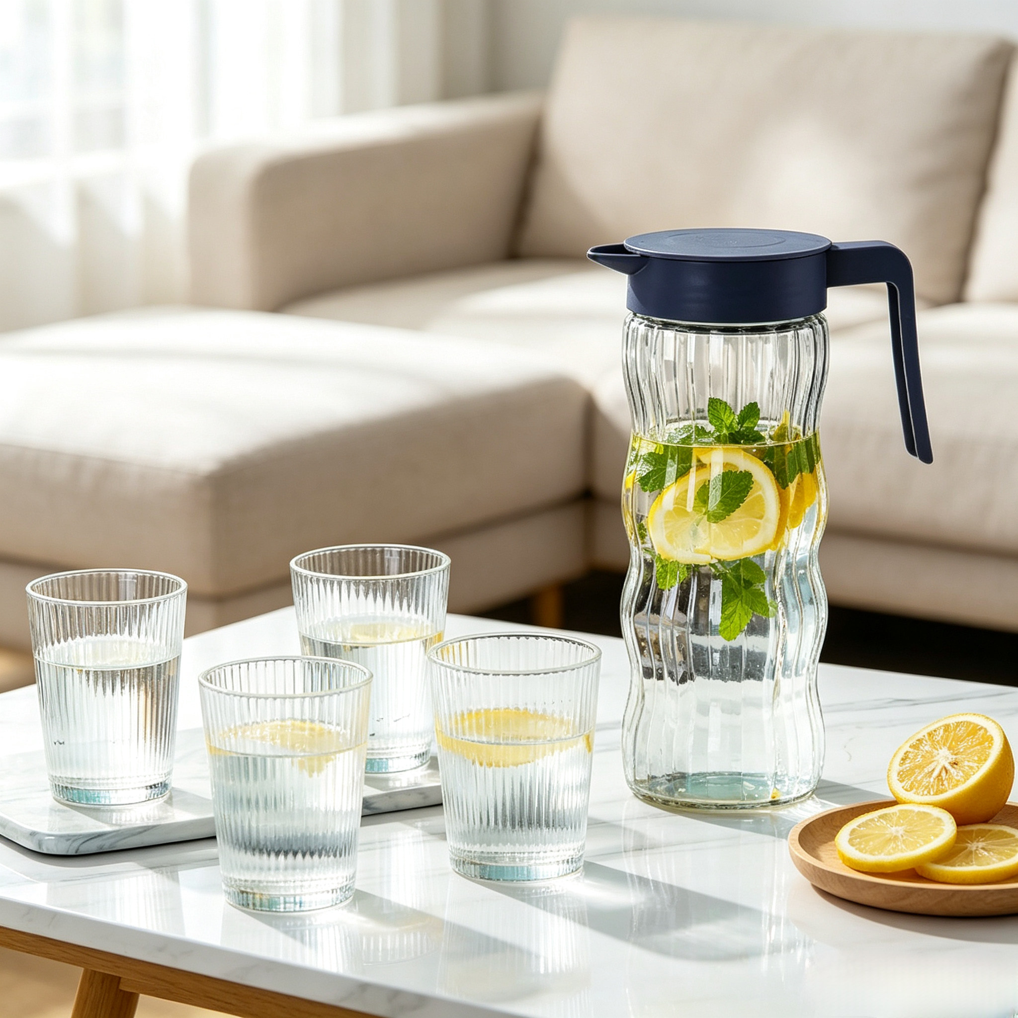 5Pcs Wave Pattern Water Jug Set  Glass Cups Juice Cup, 1 Water Kettle + 4 Drinking Cups, Household Water Pitcher Cup Set for Home Party Daily Use