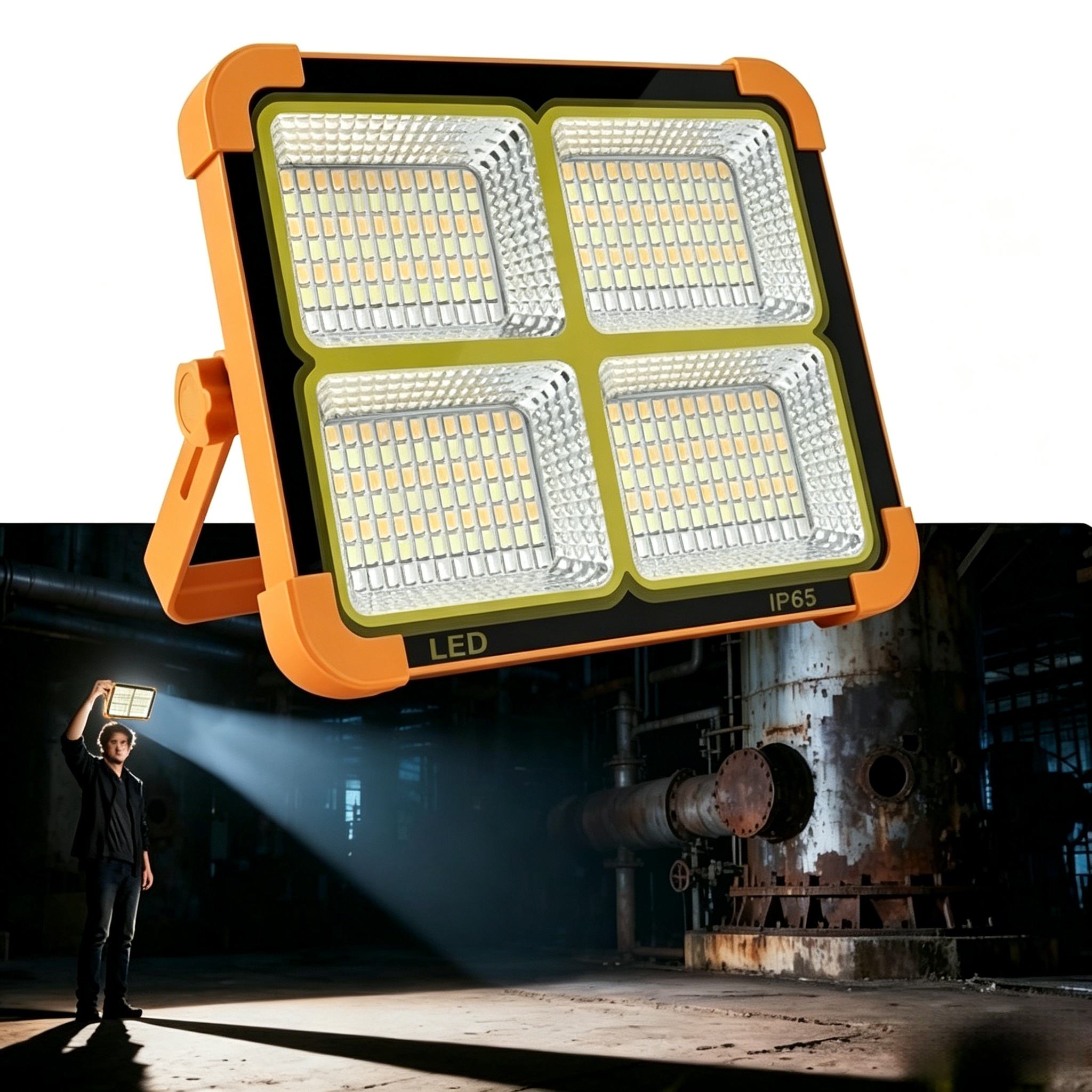 Rechargeable Portable Solar LED Work Light Stepless Brightness Flood Light for Job Site Garage Camping Emergency Home Outdoor Lighting