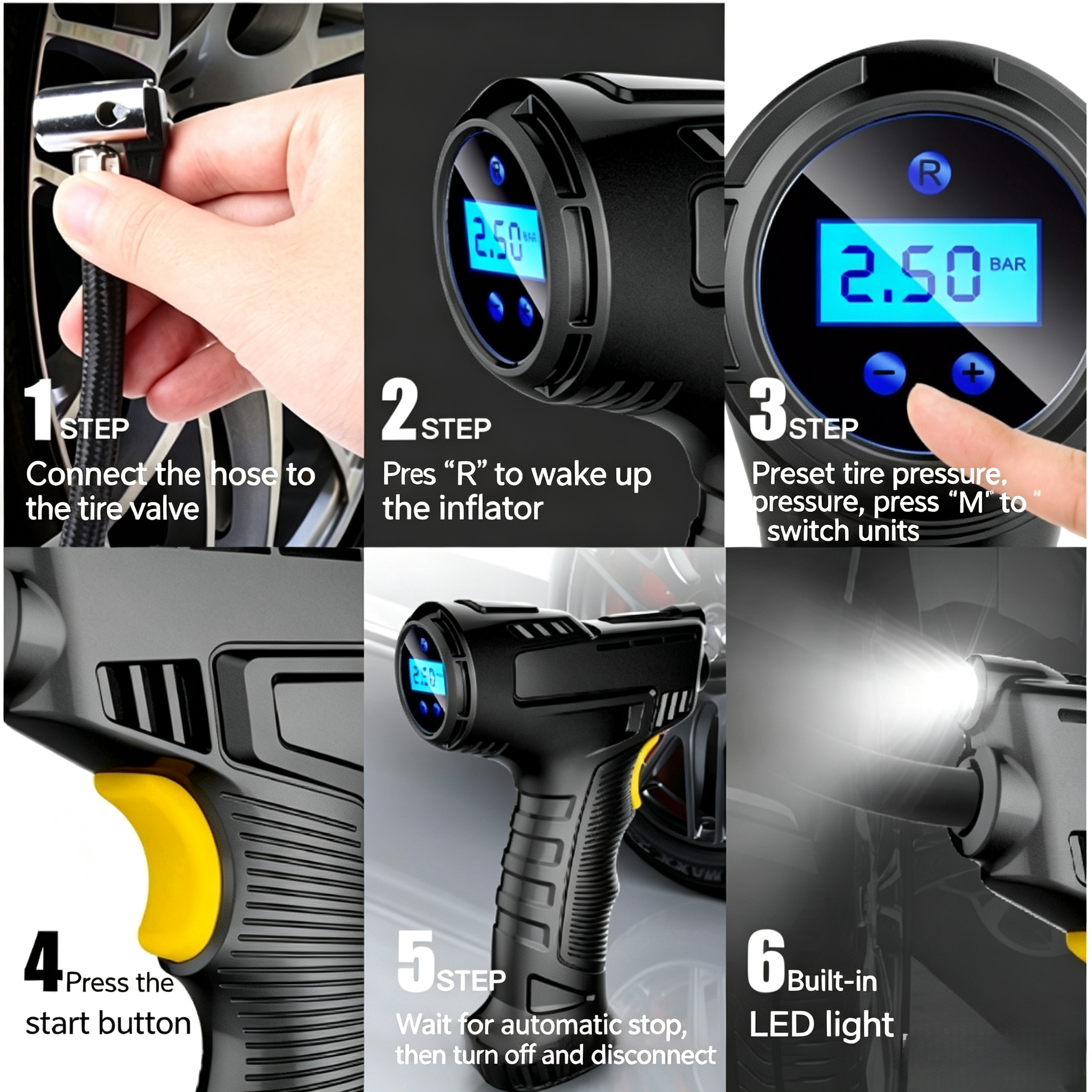 Wireless Car Air Compressor Portable Tire Inflator Air Pump, Multifunctional Power Bank Portable Charger, Digital Electric Tyre Pump with LED Light for Auto Motorcycle Bicycle Boat Balls Inflatable