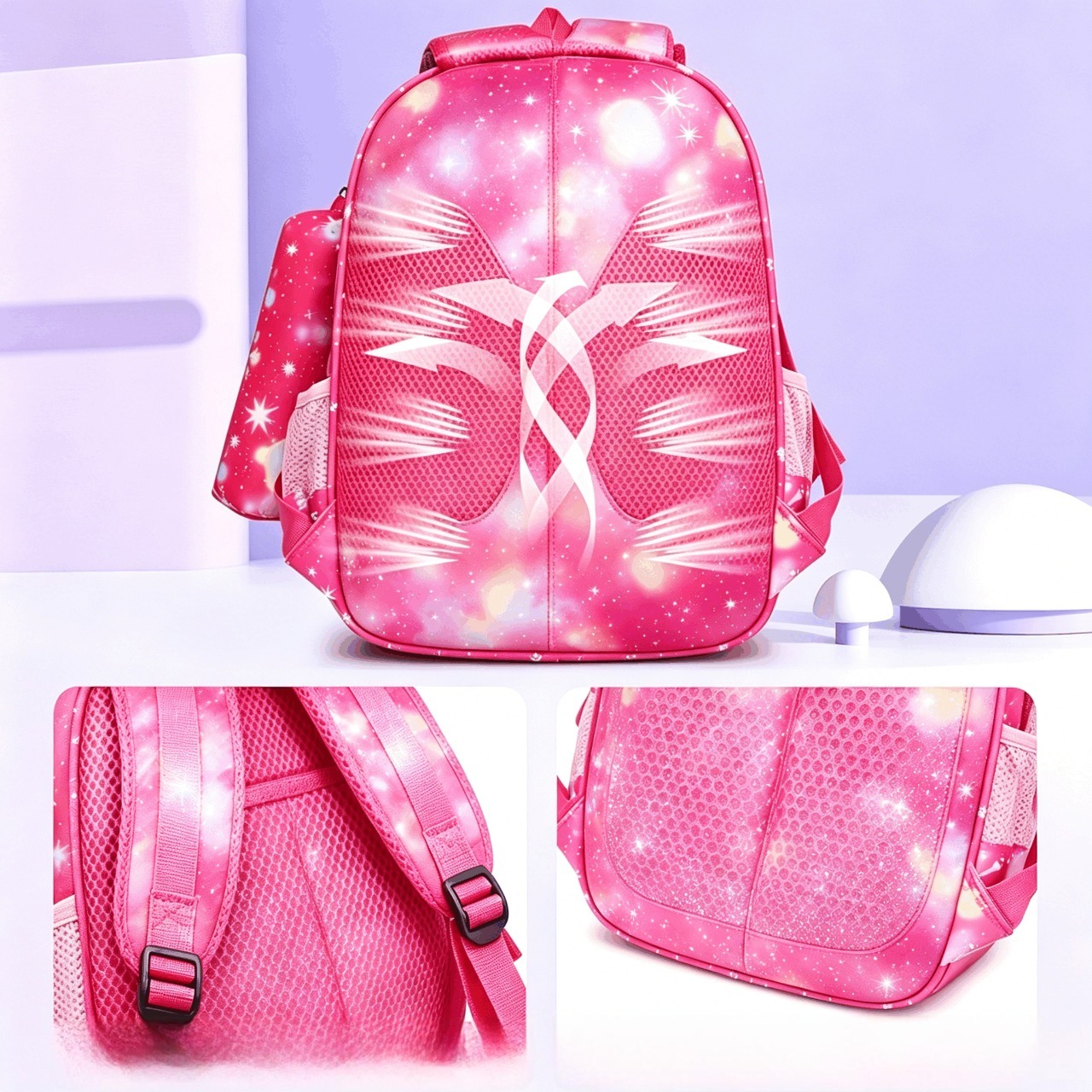 12 Inch Girls Primary School Backpack Cute Cartoon Princess Lightweight Kids School Bag Free Pencil Case, Breathable Padded Shoulder Straps, Double Side Water Bottle Pockets, Durable Oxford Schoo,Pink