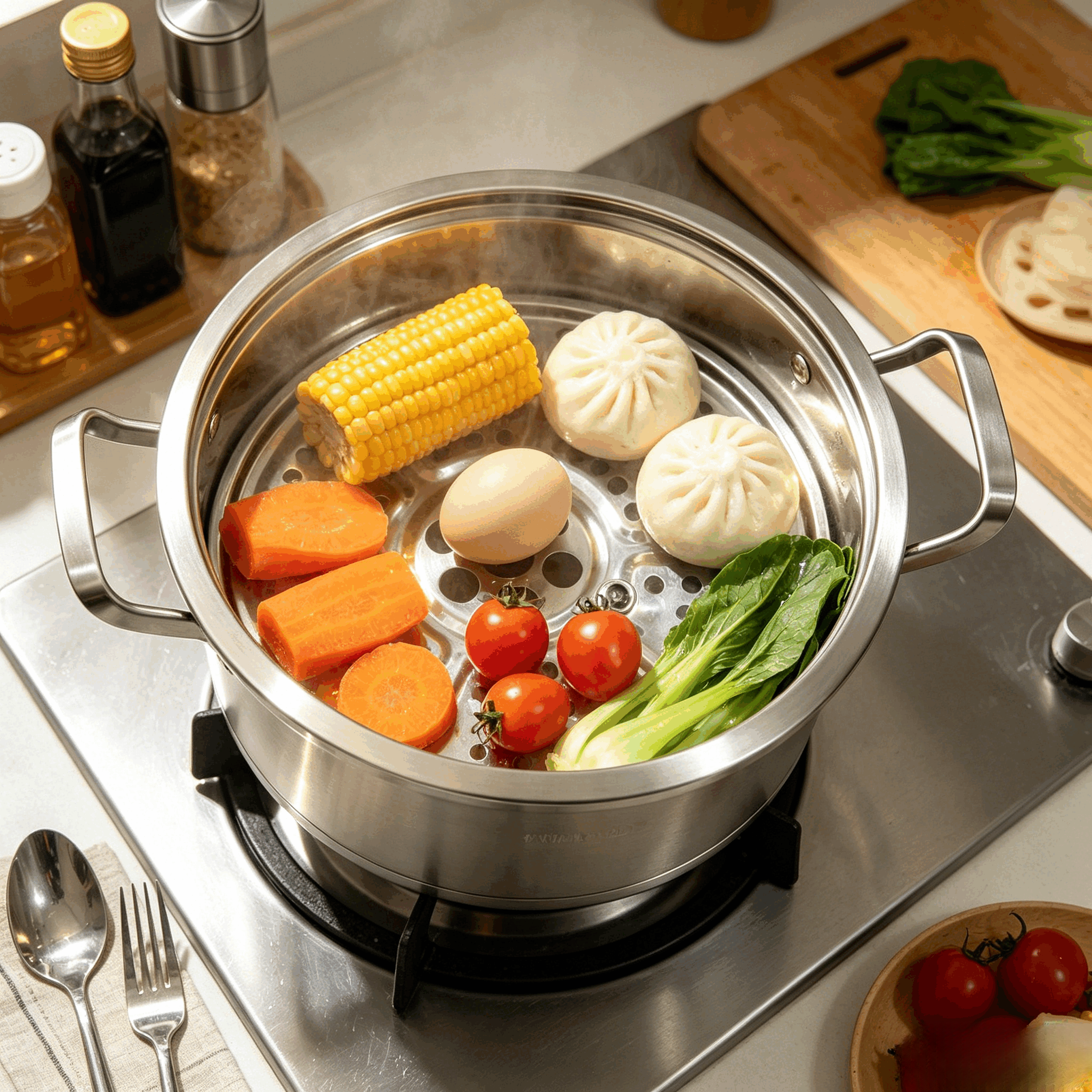 Stainless Steel 2 In 1 Cooking Steamer Pot Large Capacity Multi Purpose Kitchen Boiler Durable Dual Handle Cookware For Gas Stove Home Cooking Stew Boil Steam Food(with lid and steaming rack)