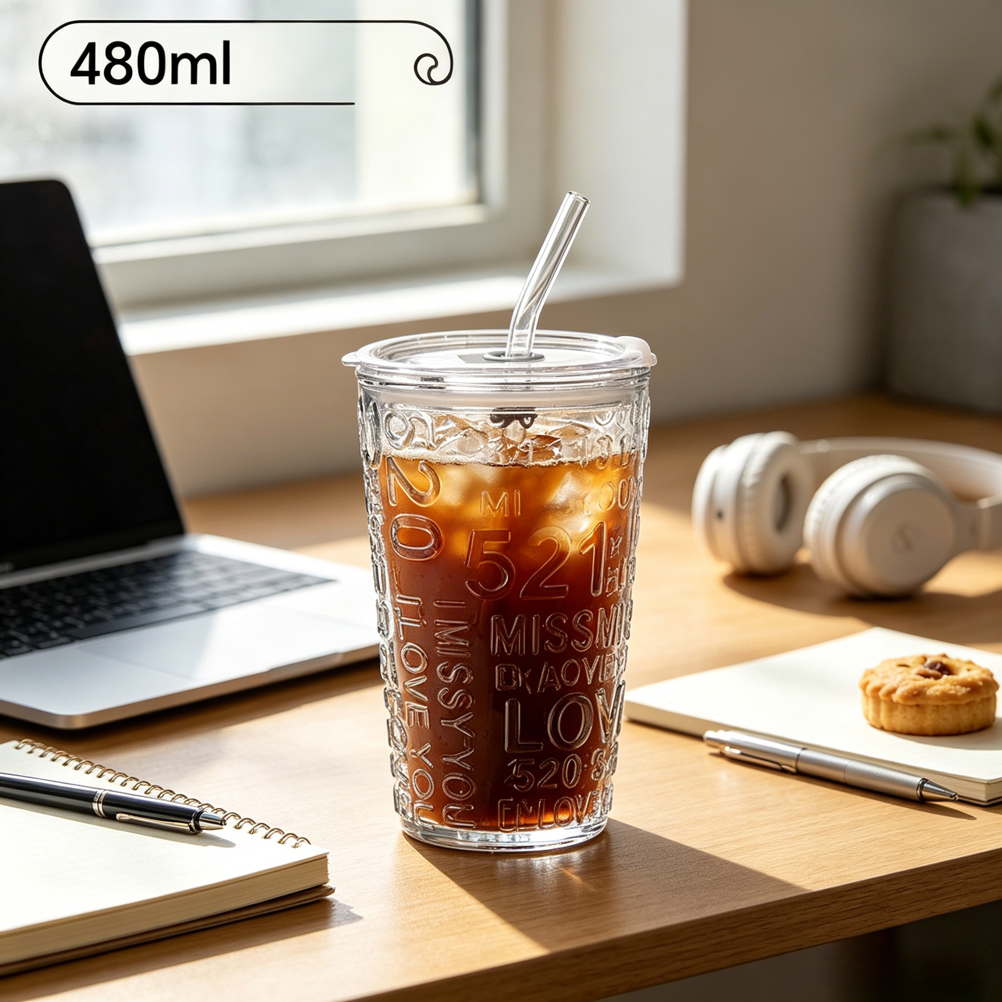 Glass tumbler, glass water cup with straw and lid, portable drinking cup, milk tea glass cup, juice cup,  office drinking mug, reusable glass cup,  cold drink cup,Giving gifts: Eternal love