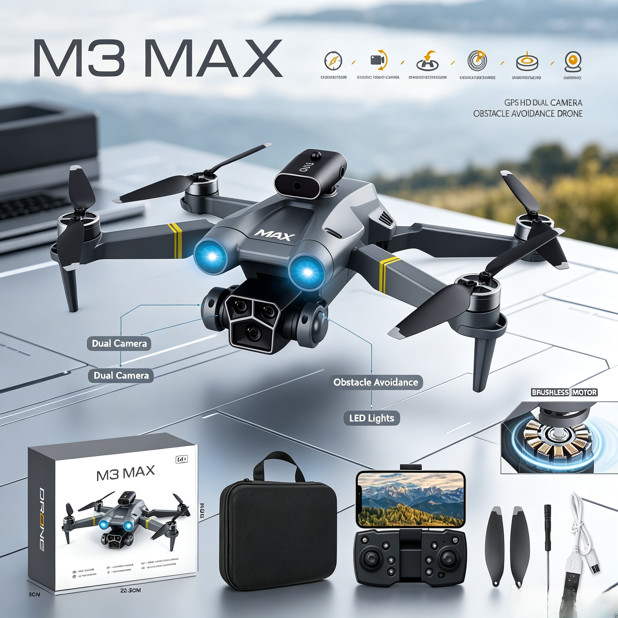 M3 MAX GPS Drone with Triple HD Camera, 360° Obstacle Avoidance Brushless Motor Foldable Quadcopter, Long Flight Distance RC Drone