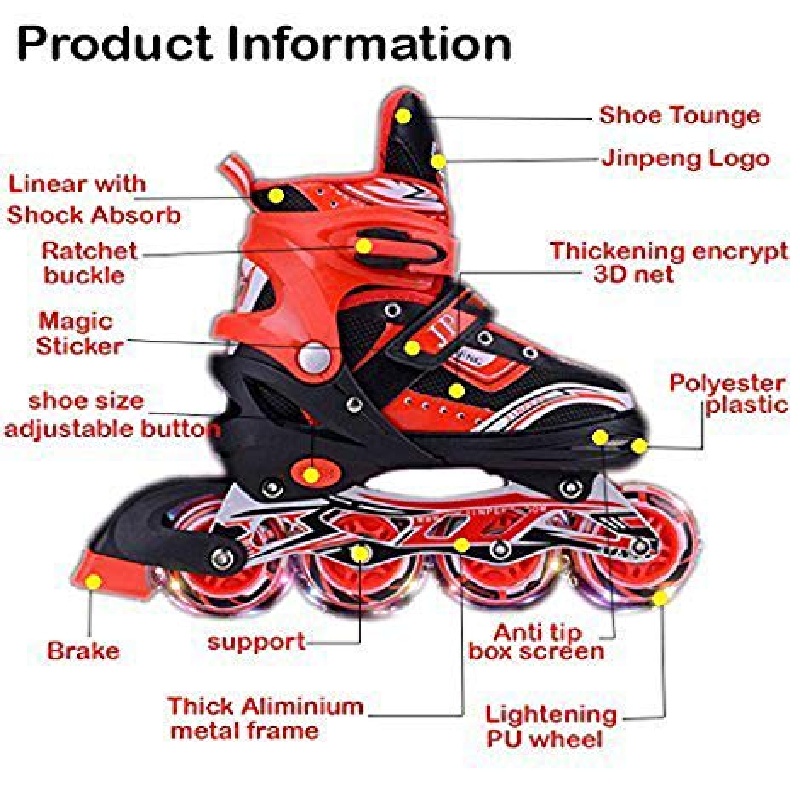Red Adjustable Inline Roller Skates with Aluminium Chasis - All PU Wheel Front Wheel with LED Light - Large Size (39-42) for Age 12 Yrs  （Contact customer service and note the size 31-42）
