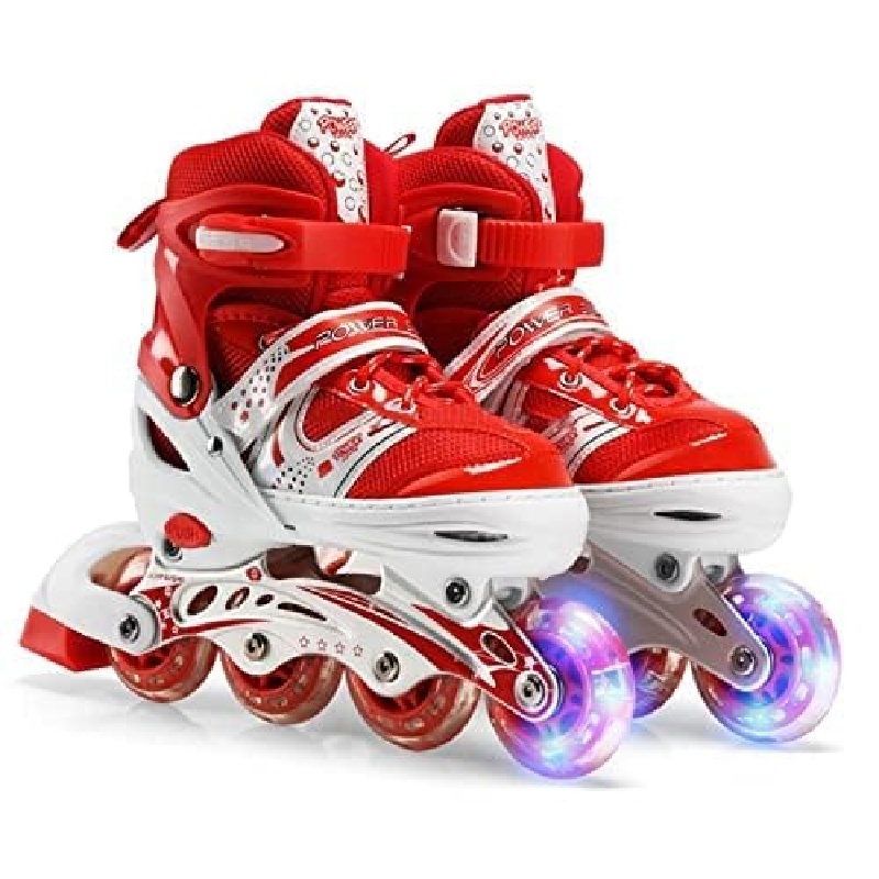 Red Adjustable Inline Roller Skates with Aluminium Chasis - All PU Wheel Front Wheel with LED Light - Large Size (39-42) for Age 12 Yrs  （Contact customer service and note the size 31-42）