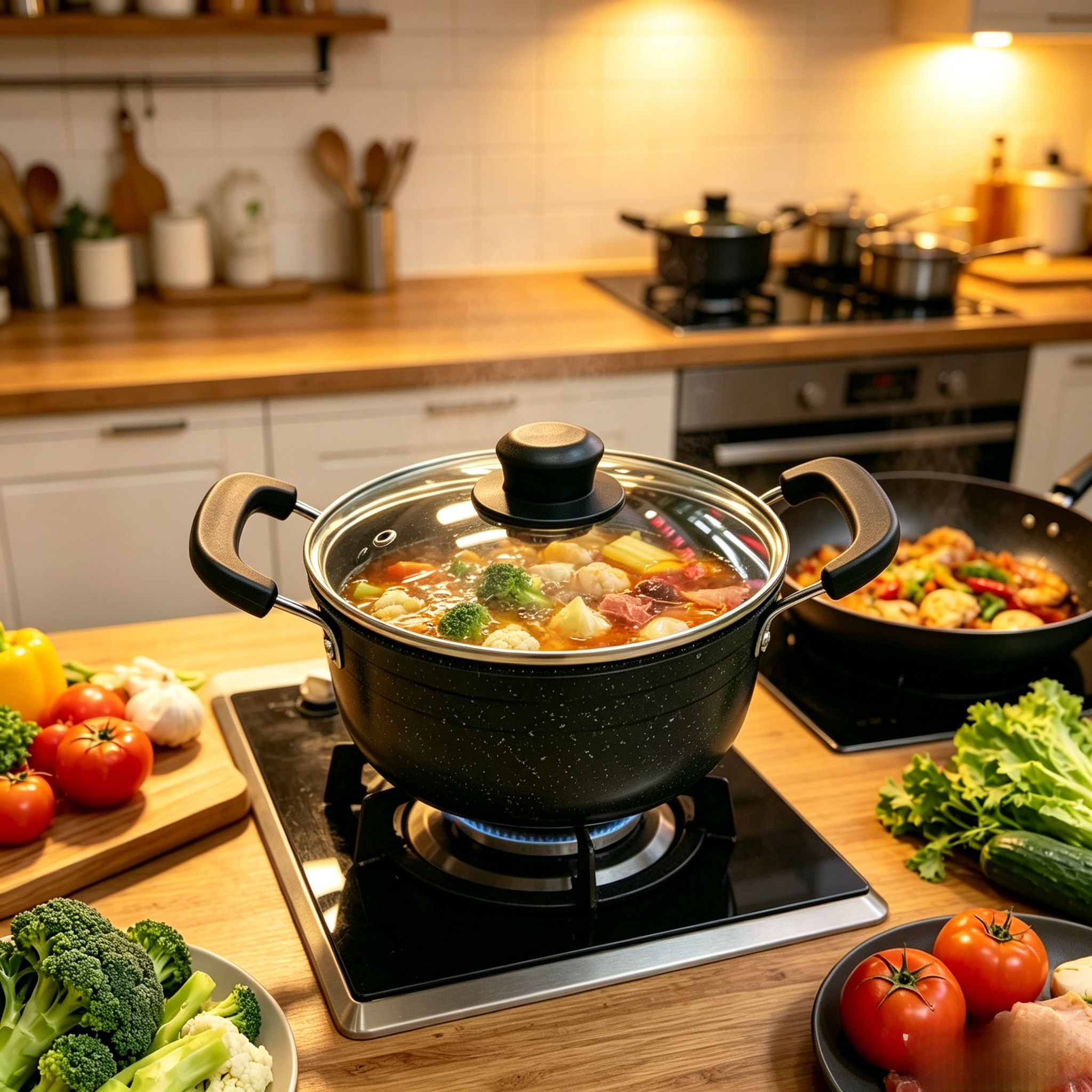 Non-Stick Sufuria Cooking Pot with Lid, Heat Resistant Handle, Universal for Gas Stove & Induction Cooker, Durable Kitchen Cookware