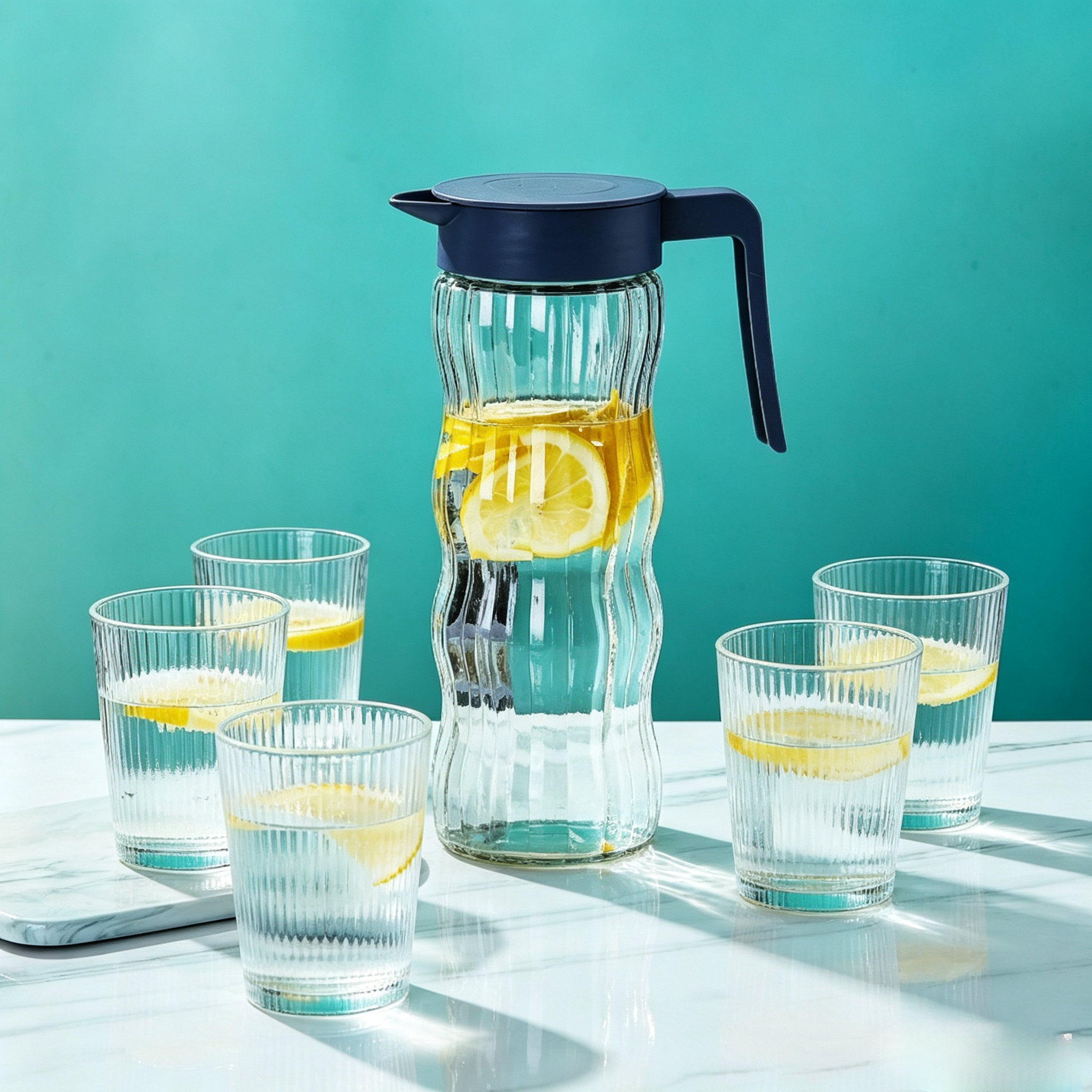 5Pcs Wave Pattern Water Jug Set  Glass Cups Juice Cup, 1 Water Kettle + 4 Drinking Cups, Household Water Pitcher Cup Set for Home Party Daily Use