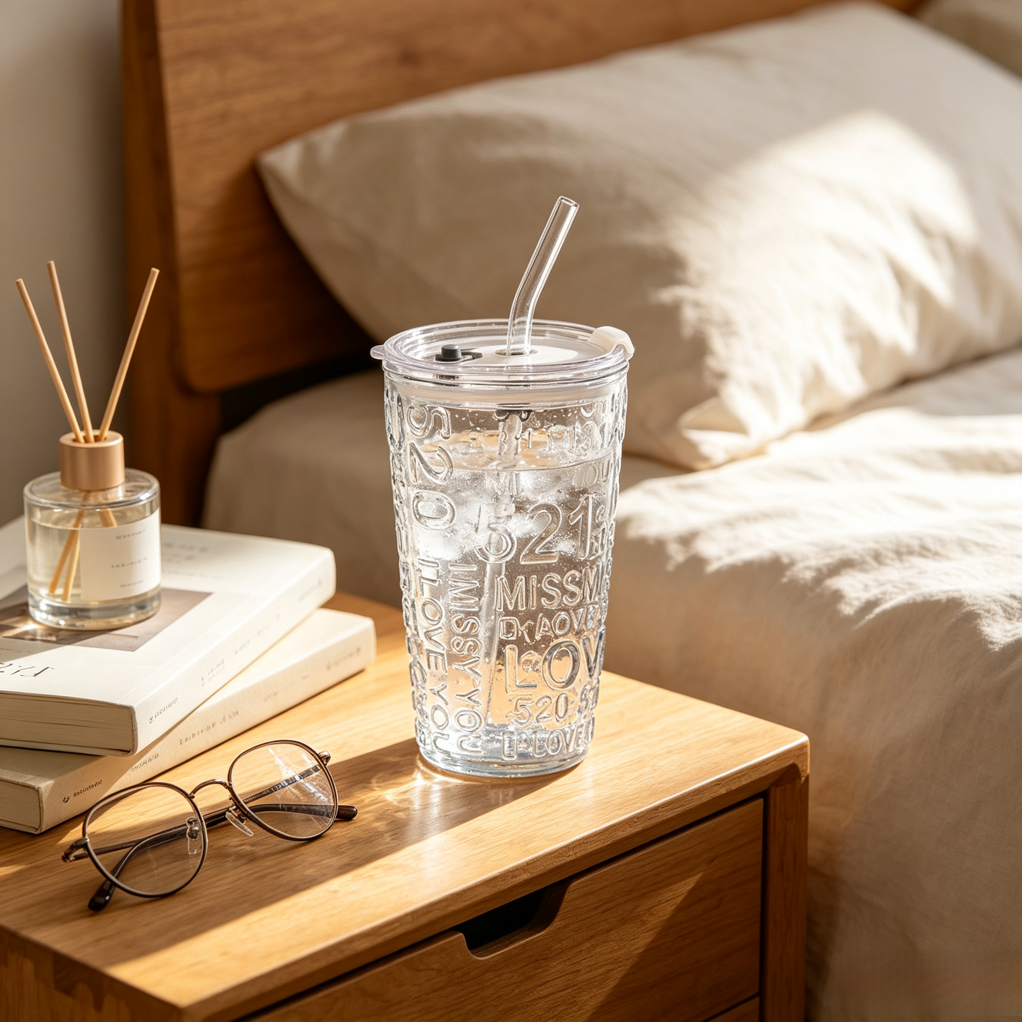 Glass tumbler, glass water cup with straw and lid, portable drinking cup, milk tea glass cup, juice cup,  office drinking mug, reusable glass cup,  cold drink cup,Giving gifts: Eternal love