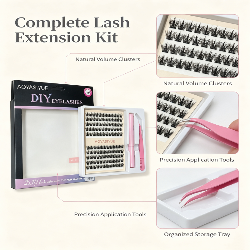 AOYASIYUE DIY Lash Extension Kit, Cluster Individual Eyelashes Set with Lash Bond Seal Tweezers, Natural Volume False Eyelashes for Home Self‑Application view 4