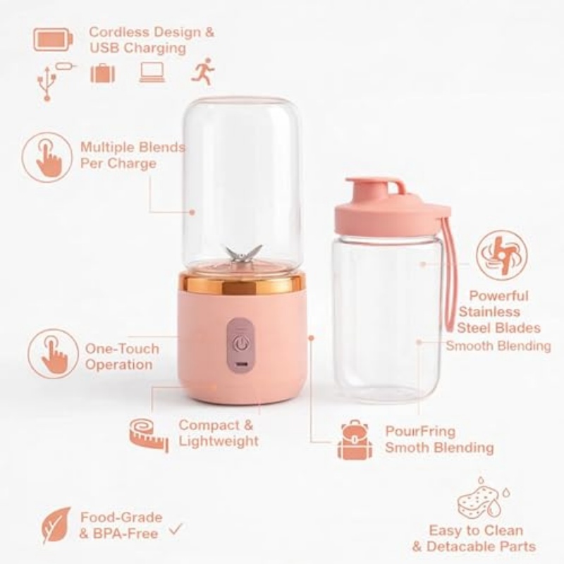 Portable Blender, Personal Blenders for Shakes and Smoothies, 400ML USB Rchargeable Fruit Veggie Juicer Cup With 6 Blades and Travel Lid, Blender for Travel Gym Kitchen
