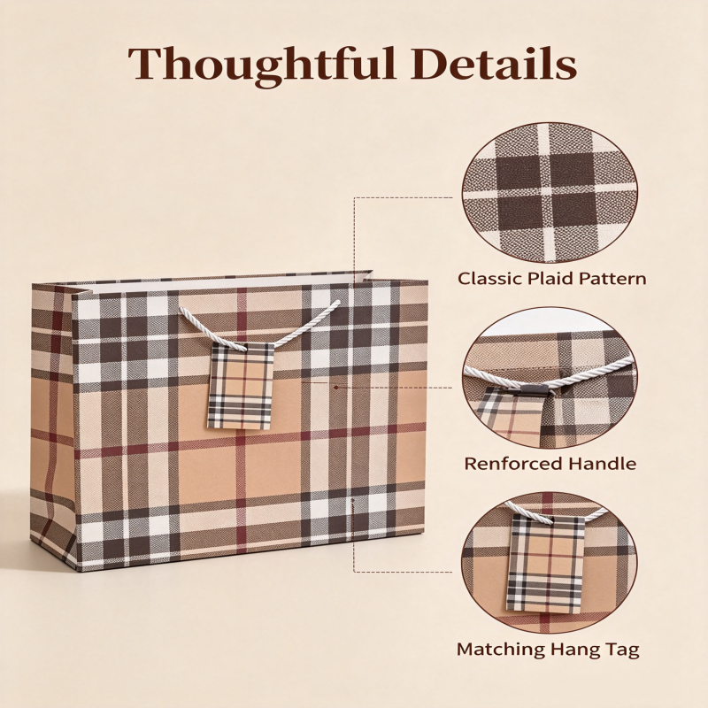 Retro Plaid Paper Gift Bag With Handle & Tag, Luxury Portable Gift Tote for Birthday Wedding Holiday Party Present Packaging