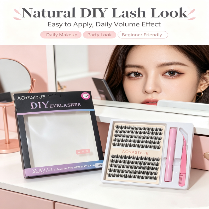 AOYASIYUE DIY Lash Extension Kit, Cluster Individual Eyelashes Set with Lash Bond Seal Tweezers, Natural Volume False Eyelashes for Home Self‑Application view 6