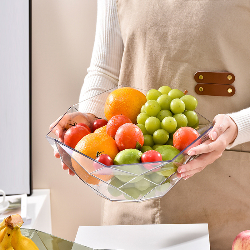 Diamond Shaped Plastic Fruit Bowl, Clear PET Decorative Fruit Tray, Multipurpose Snack Candy Storage Bowl for Kitchen Countertop Living Room Table Home Decor