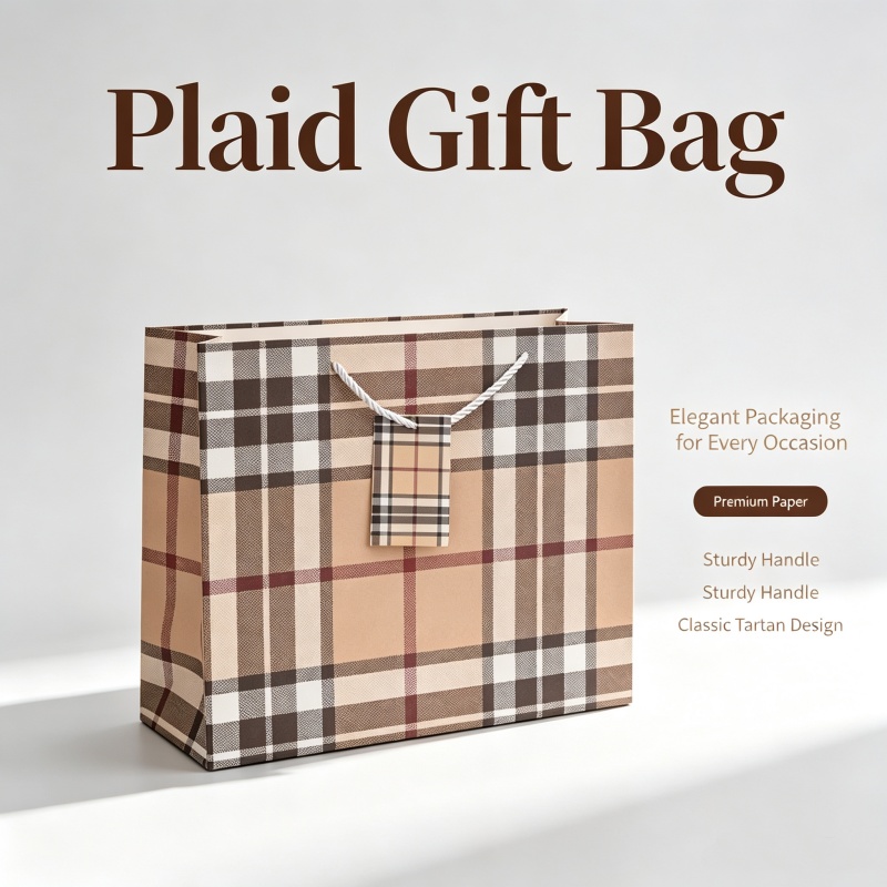 Retro Plaid Paper Gift Bag With Handle & Tag, Luxury Portable Gift Tote for Birthday Wedding Holiday Party Present Packaging