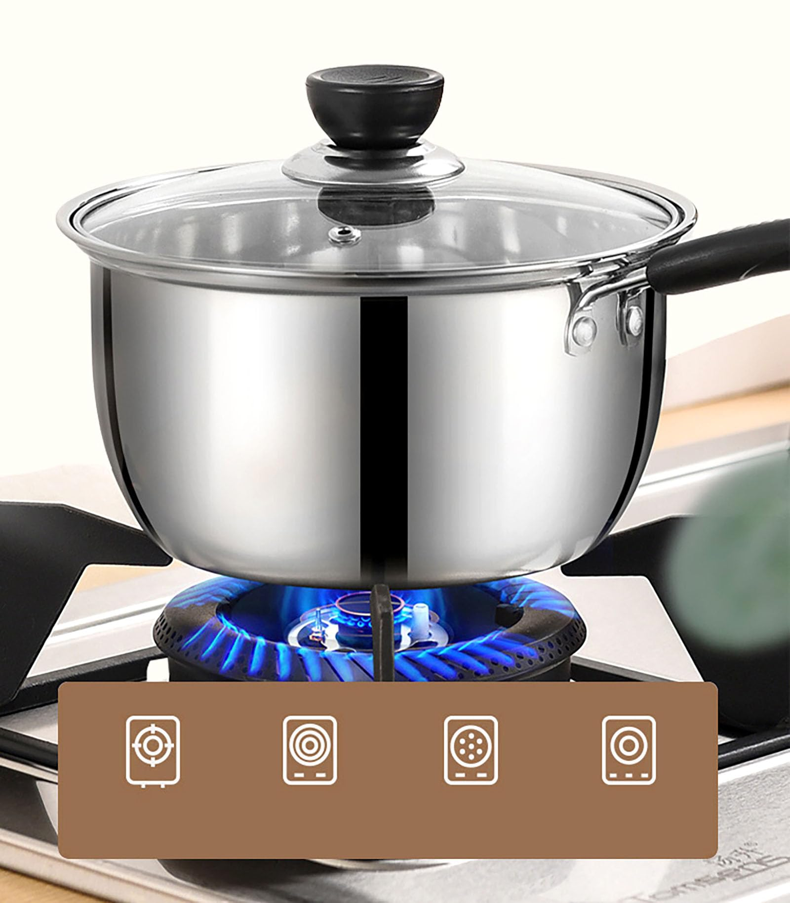 Stainless Steel Thin Saucepan, 1.3 Quart Long Handle Milk Pot with Lid for Warming, Cooking and Boiling Milk, Spaghetti, Soup in Kitchen and Outdoor