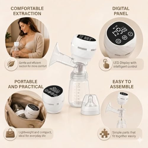 Rechargeable Breast Pump Electric with Digital Display, BPA-Free Breast Milk Extractor, Adjustable Suction Control, Anti-Backflow Protection, Portable Nursing Pump