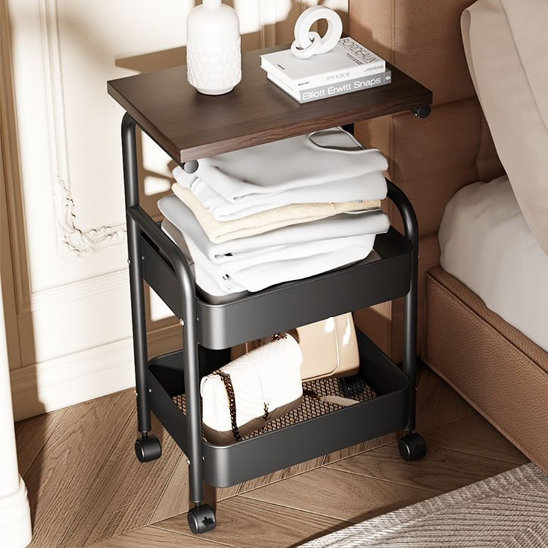 3 Tier Metal Rolling Utility Cart Organizer with Walnut Table Top, Stable and Sturdy Rolling Storage Carts with 2 Lockable Wheels for Kitchen，Bathroom，Snacks，Coffee，Craft，Makeup，Baby Essentials