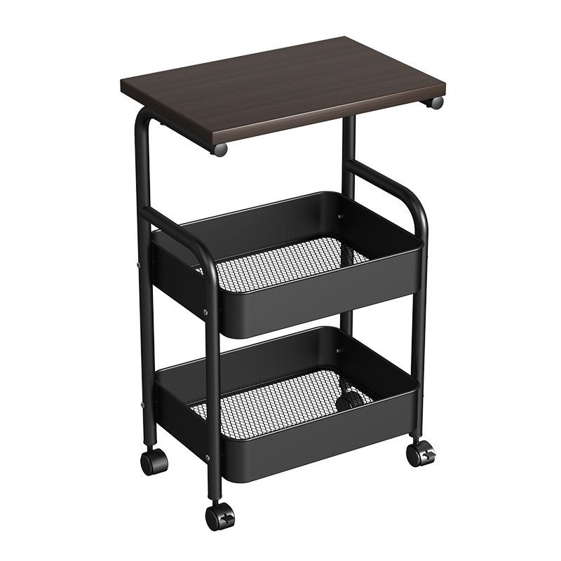 3 Tier Metal Rolling Utility Cart Organizer with Walnut Table Top, Stable and Sturdy Rolling Storage Carts with 2 Lockable Wheels for Kitchen，Bathroom，Snacks，Coffee，Craft，Makeup，Baby Essentials
