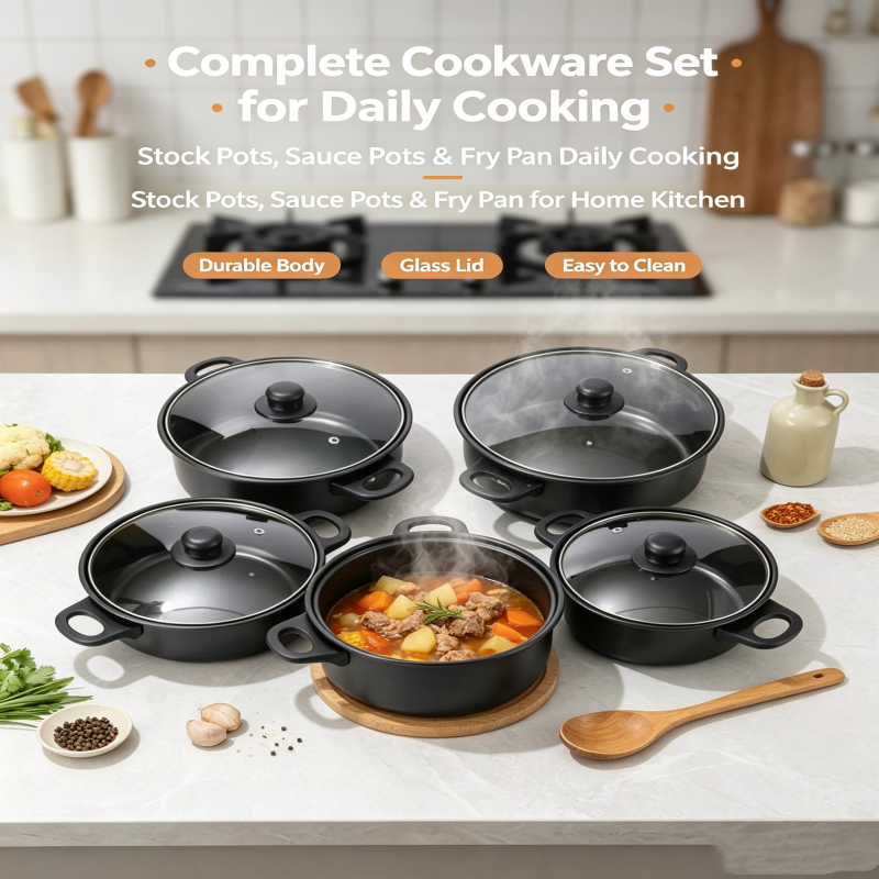 5Pcs Non‑Stick Cookware Set, Black Cooking Pot Set with Tempered Glass Lids, Multi‑Size Stock Pot for Home Kitchen Gas Stove Cooking （The dimensions are respectively 18cm，20cm，22cm，24cm，26cm.）
