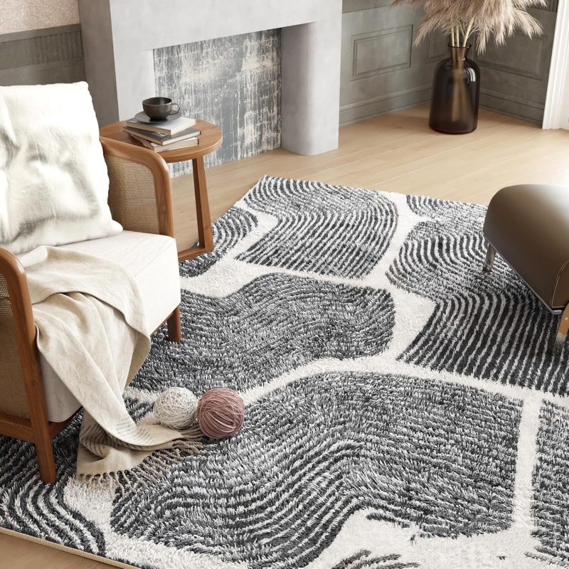 Modern Area Rugs for Living Room, Abstract Non-Slip Washable Rugs, Minimalist Wave Striped Neutral Boys Girl Nursery Area Rug for Bedroom, Carpet for Playroom Office 6*9ft(183*274cm)