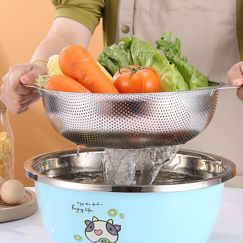 6 Piece Multipurpose Colander Strainer Basket for Rice, Fruits, Vegetables, Pasta & Grains| Stainless Steel Rice Washing Bowl with Dual Side Handles  | Food Grade Kitchen Drain Basket