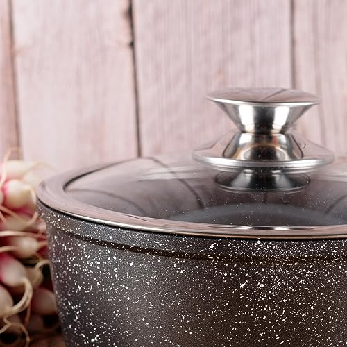 6‑Pcs Non‑Stick Cookware Set, Black Granite Marble Coating Pots Set with Tempered Glass Lids, Kitchen Cooking Pot Set for Gas Stove Household Cooking（20cm，24cm，28cm）