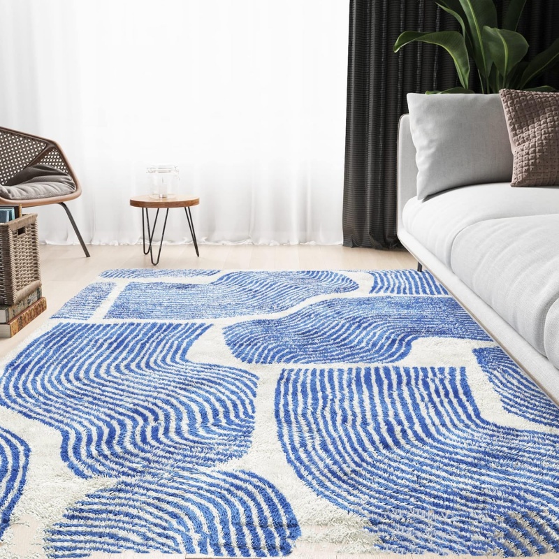 Modern Area Rugs for Living Room, Abstract Non-Slip Washable Rugs, Minimalist Wave Striped Neutral Boys Girl Nursery Area Rug for Bedroom, Carpet for Playroom Office 6*9ft(183*274cm)