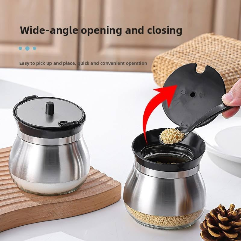 Kitchen Household Salt Sugar Pepper Chili Pot Durable Spice Seasoning Condiment Bottle Glass  Moisture-Proof Jar With Spoon Pack of 3