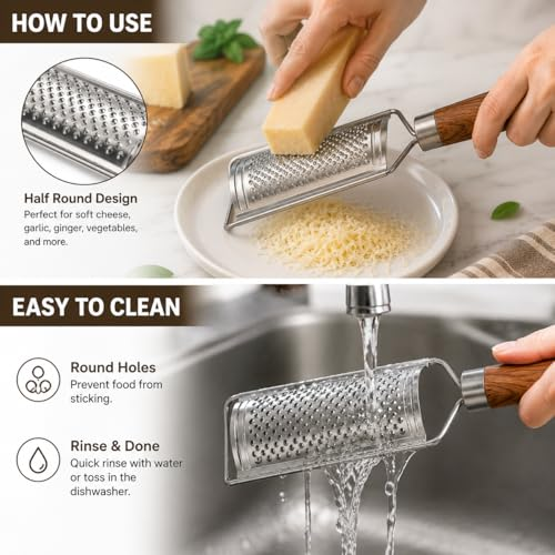Stainless Steel Handheld Drum Grater with Wooden Handle – Multipurpose Cheese & Vegetable Grater | Manual Kitchen Grating Tool for Potato, Carrot, Ginger & More