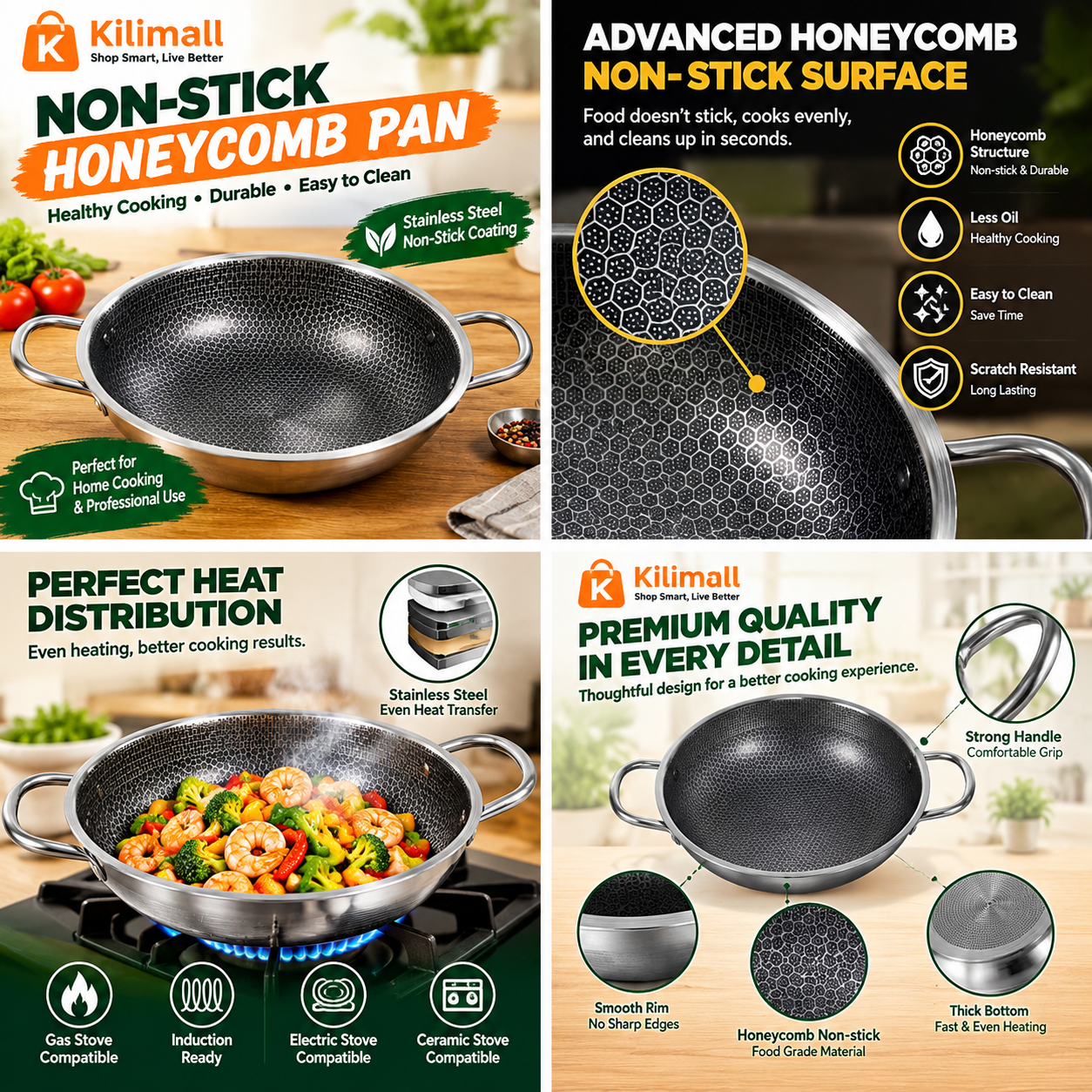 Honeycomb Non Stick Frying Pan Stainless Steel Cooking Wok with Double Handles Durable Kitchen Pan for Home Cooking Honeycomb Non Stick Frying Pan Stainless Steel Wok with Double Handles