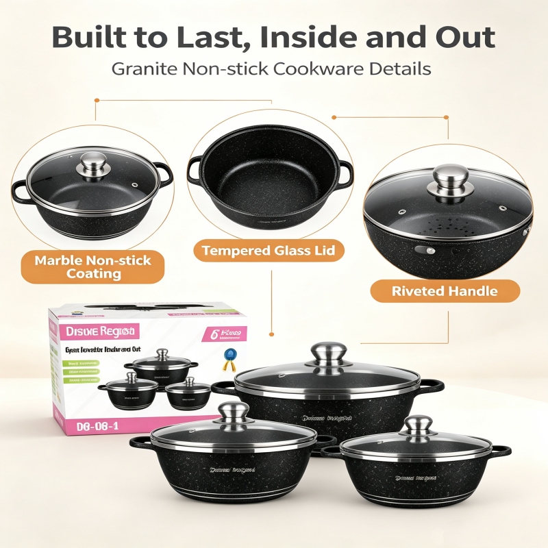 6‑Pcs Non‑Stick Cookware Set, Black Granite Marble Coating Pots Set with Tempered Glass Lids, Kitchen Cooking Pot Set for Gas Stove Household Cooking（20cm，24cm，28cm）