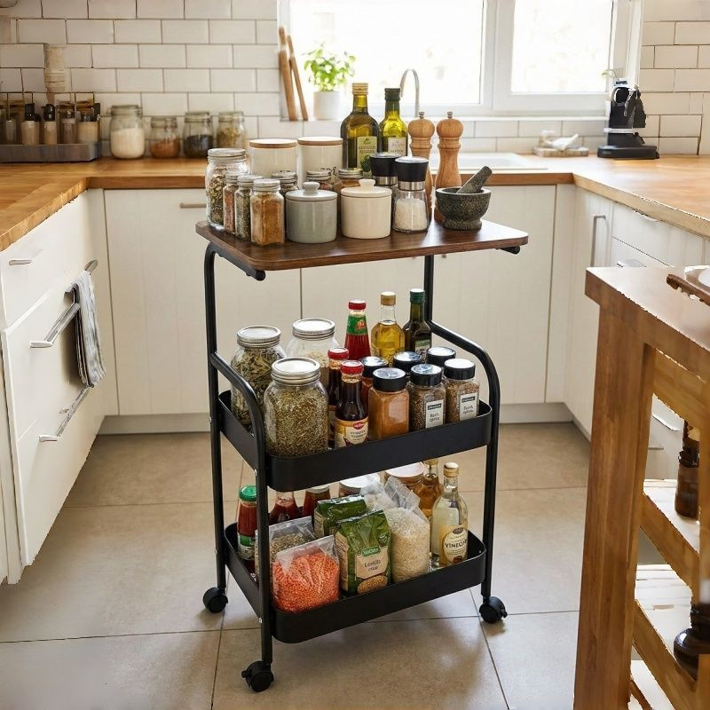 3 Tier Metal Rolling Utility Cart Organizer with Walnut Table Top, Stable and Sturdy Rolling Storage Carts with 2 Lockable Wheels for Kitchen，Bathroom，Snacks，Coffee，Craft，Makeup，Baby Essentials