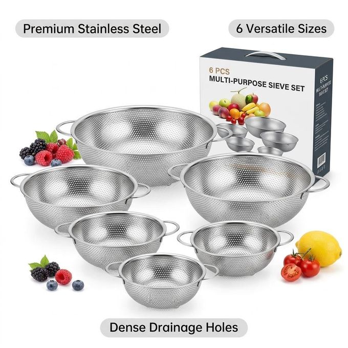 6 Piece Multipurpose Colander Strainer Basket for Rice, Fruits, Vegetables, Pasta & Grains| Stainless Steel Rice Washing Bowl with Dual Side Handles  | Food Grade Kitchen Drain Basket