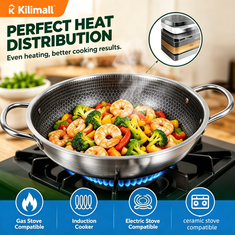 Honeycomb Non Stick Frying Pan Stainless Steel Cooking Wok with Double Handles Durable Kitchen Pan for Home Cooking Honeycomb Non Stick Frying Pan Stainless Steel Wok with Double Handles