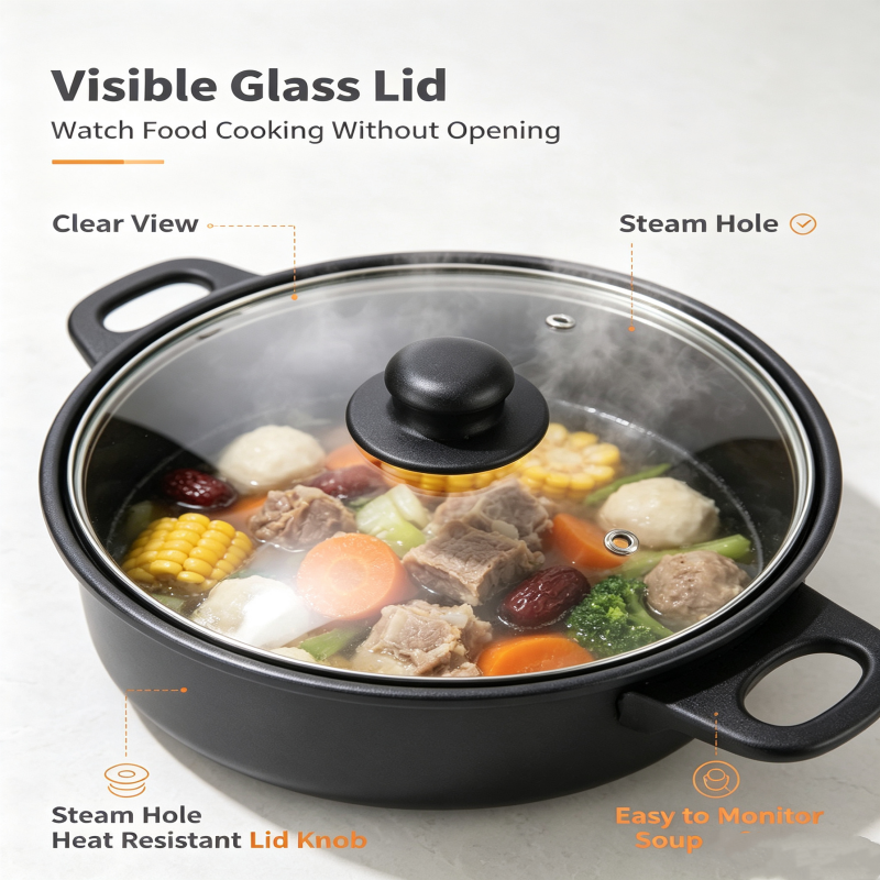 5Pcs Non‑Stick Cookware Set, Black Cooking Pot Set with Tempered Glass Lids, Multi‑Size Stock Pot for Home Kitchen Gas Stove Cooking （The dimensions are respectively 18cm，20cm，22cm，24cm，26cm.）
