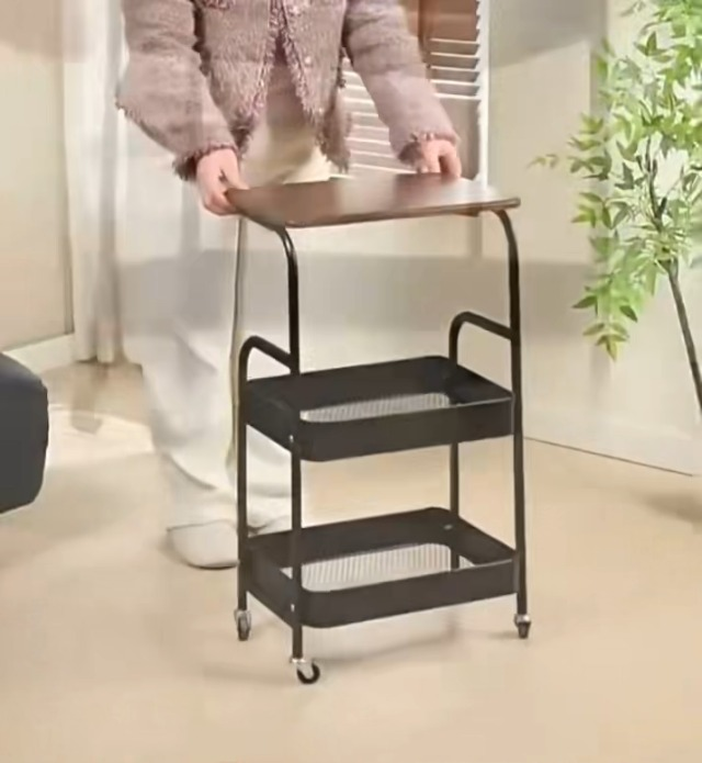 3 Tier Metal Rolling Utility Cart Organizer with Walnut Table Top, Stable and Sturdy Rolling Storage Carts with 2 Lockable Wheels for Kitchen，Bathroom，Snacks，Coffee，Craft，Makeup，Baby Essentials
