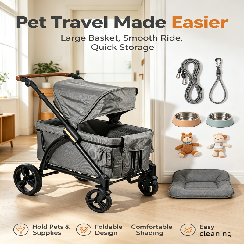 Foldable Baby Wagon Stroller, Large Space Toddler Camping Stroller with Adjustable Canopy, 4 Universal Wheels Heavy Duty Kids Cart for Outdoor Travel Beach