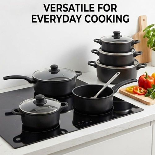 5Pcs Non‑Stick Cookware Set, Black Cooking Pot Set with Tempered Glass Lids, Multi‑Size Stock Pot for Home Kitchen Gas Stove Cooking （The dimensions are respectively 18cm，20cm，22cm，24cm，26cm.）