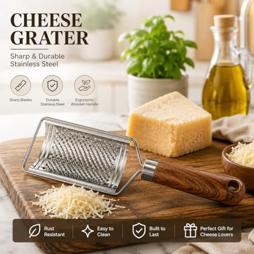 Stainless Steel Handheld Drum Grater with Wooden Handle – Multipurpose Cheese & Vegetable Grater | Manual Kitchen Grating Tool for Potato, Carrot, Ginger & More