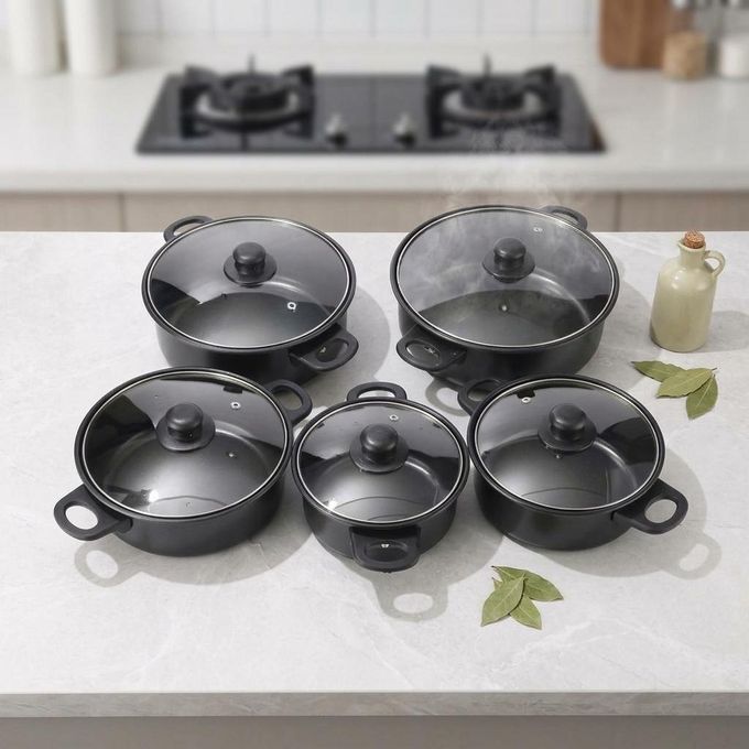 5Pcs Non‑Stick Cookware Set, Black Cooking Pot Set with Tempered Glass Lids, Multi‑Size Stock Pot for Home Kitchen Gas Stove Cooking （The dimensions are respectively 18cm，20cm，22cm，24cm，26cm.）